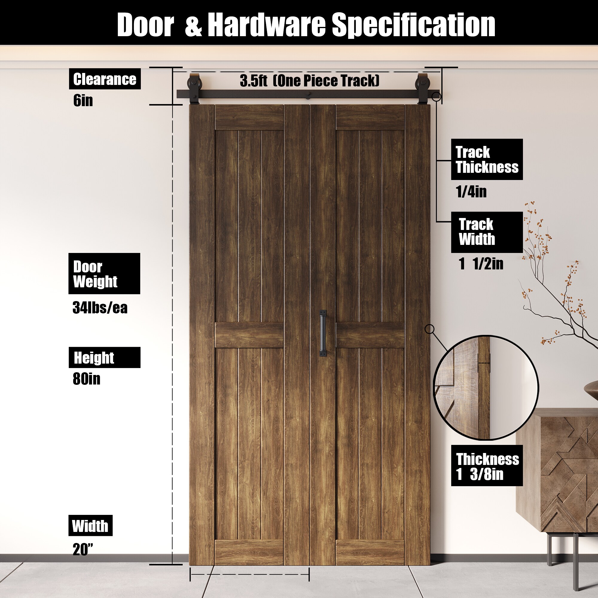 HOMACER Single bifold 20-in x 80-in Dark Walnut Pine Wood Solid core ...