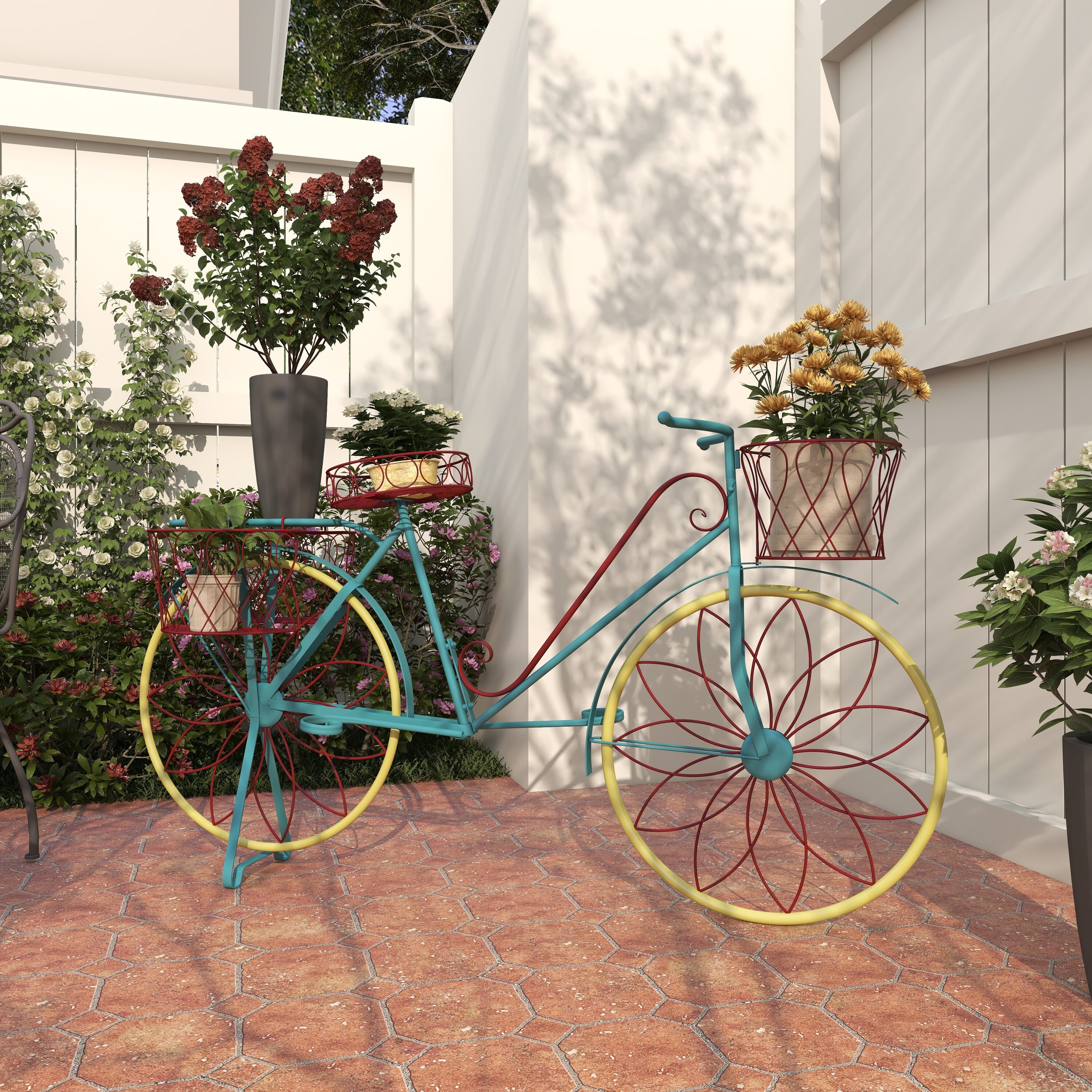 Grayson Lane 28946 32-in H x 71-in W Blue Scrollwork And Wire Design with Basket and Saddle Bag Indoor/Outdoor Round Steel Plant Stand