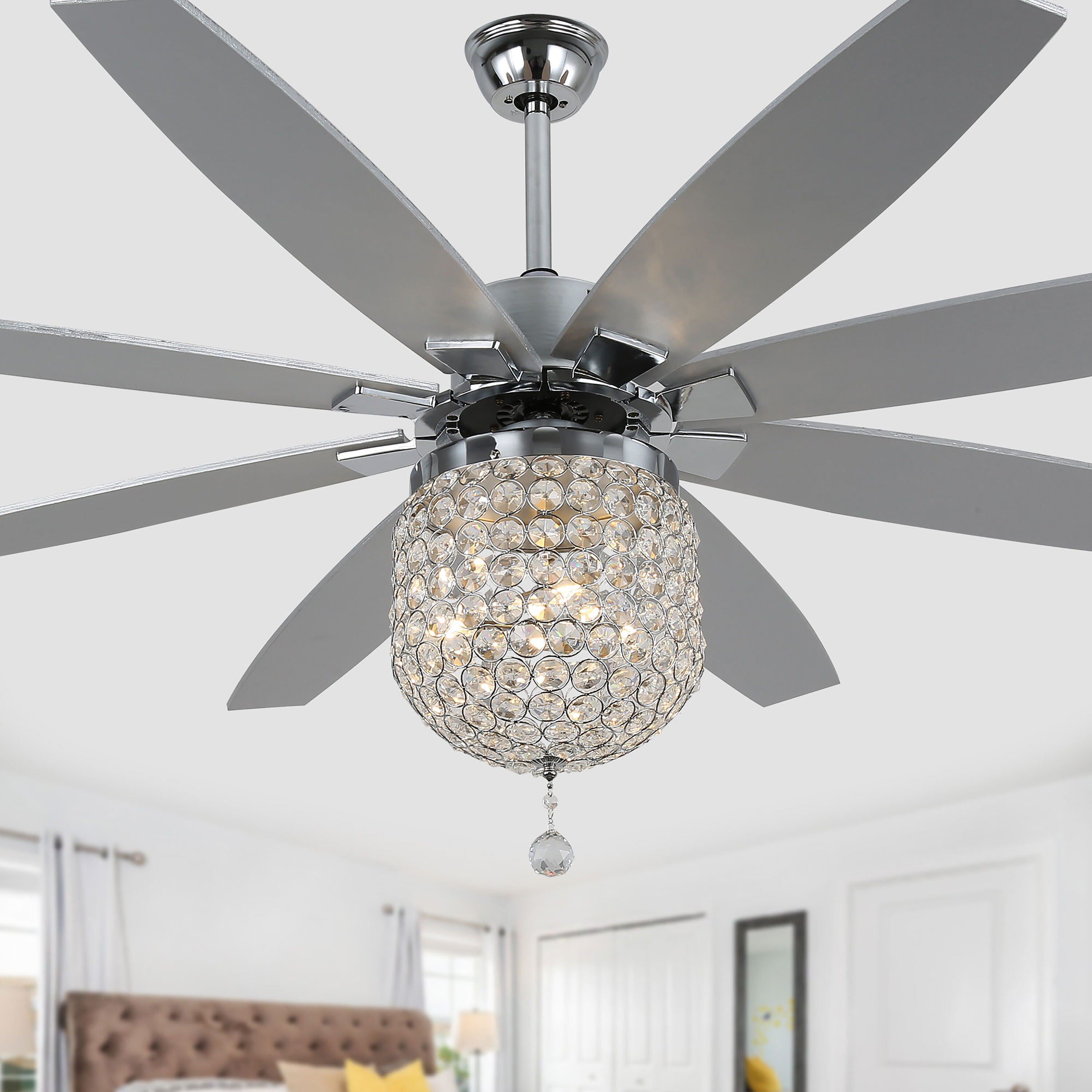 Cusp Barn CS6504 65-in Silver with Wood Blades Cage Ceiling Fan Without Light - Remote Included ( 8 -Blade )