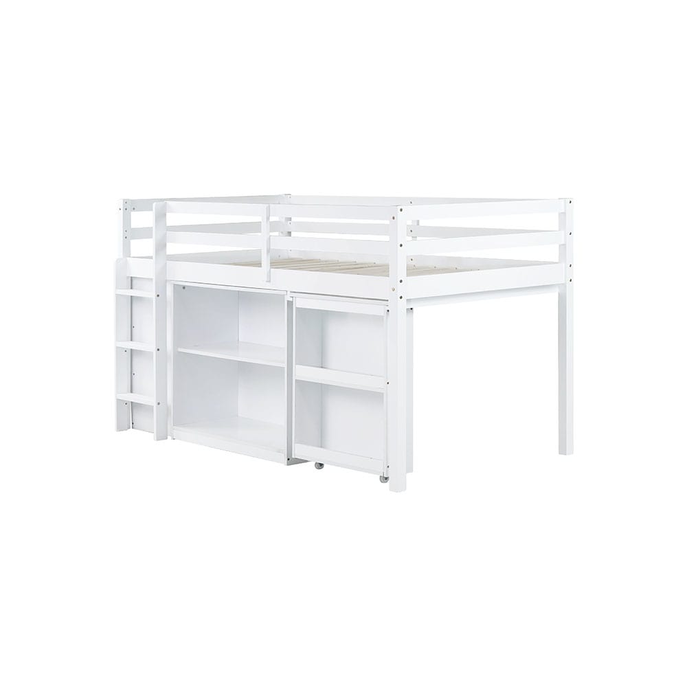 JUJABU White Twin Loft Bed with Drawer Cabinet Shelf Cabinet and Pulling Out Desk Rubber Wood Loft Bed with Safety Guardrail