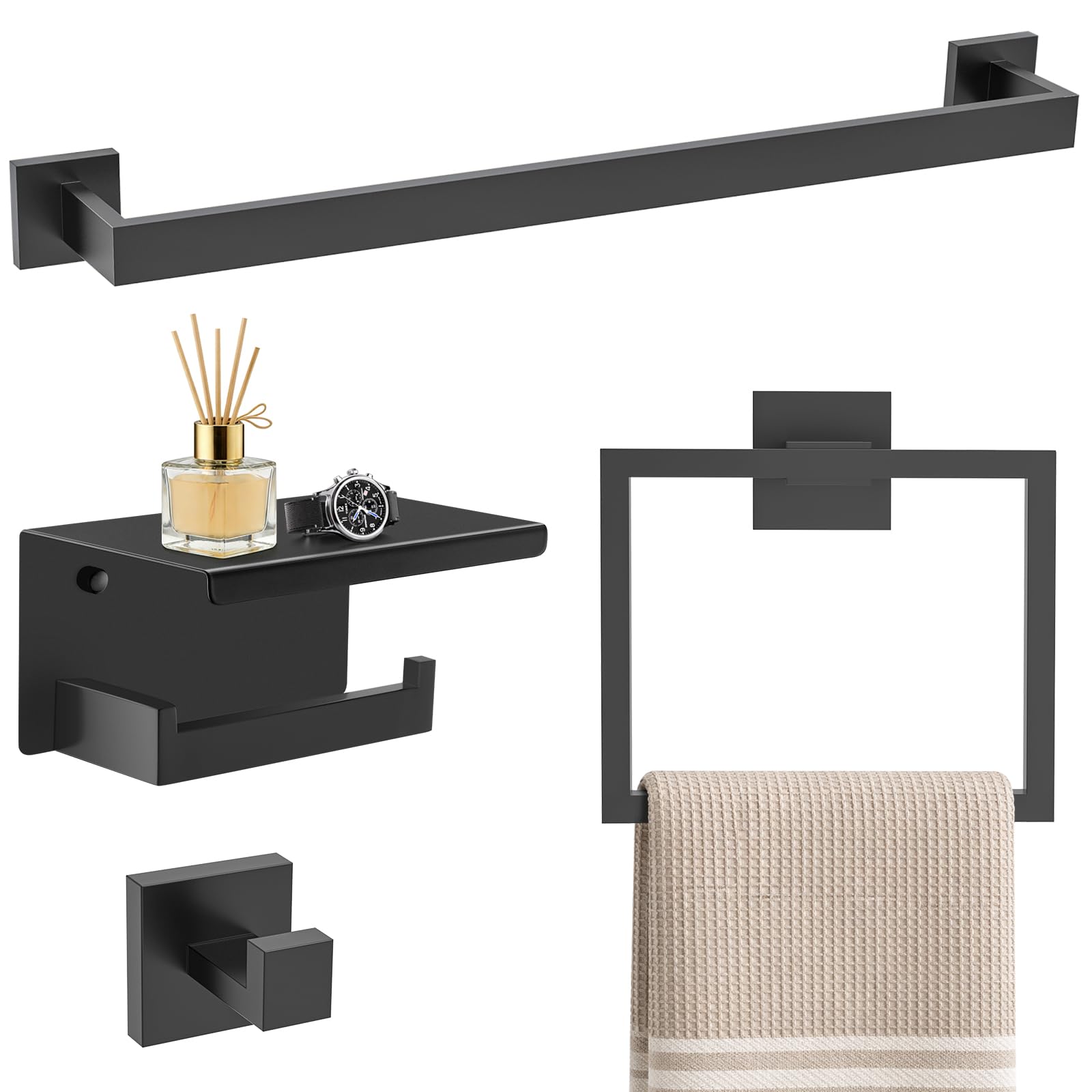 TNSO - Matte Black Set C SUS304 Stainless Steel Polished Chrome Bathroom Hardware Towel Bar Set