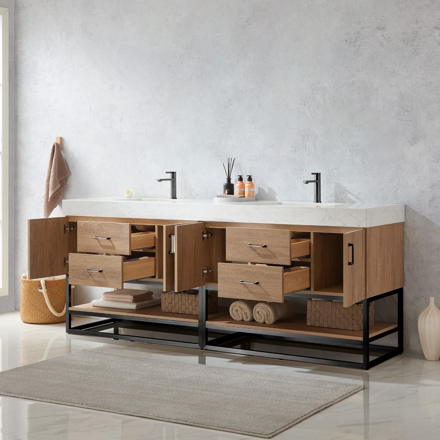 84 Inch Oak Double Vanity with White Stone Top and Matte Black Frame