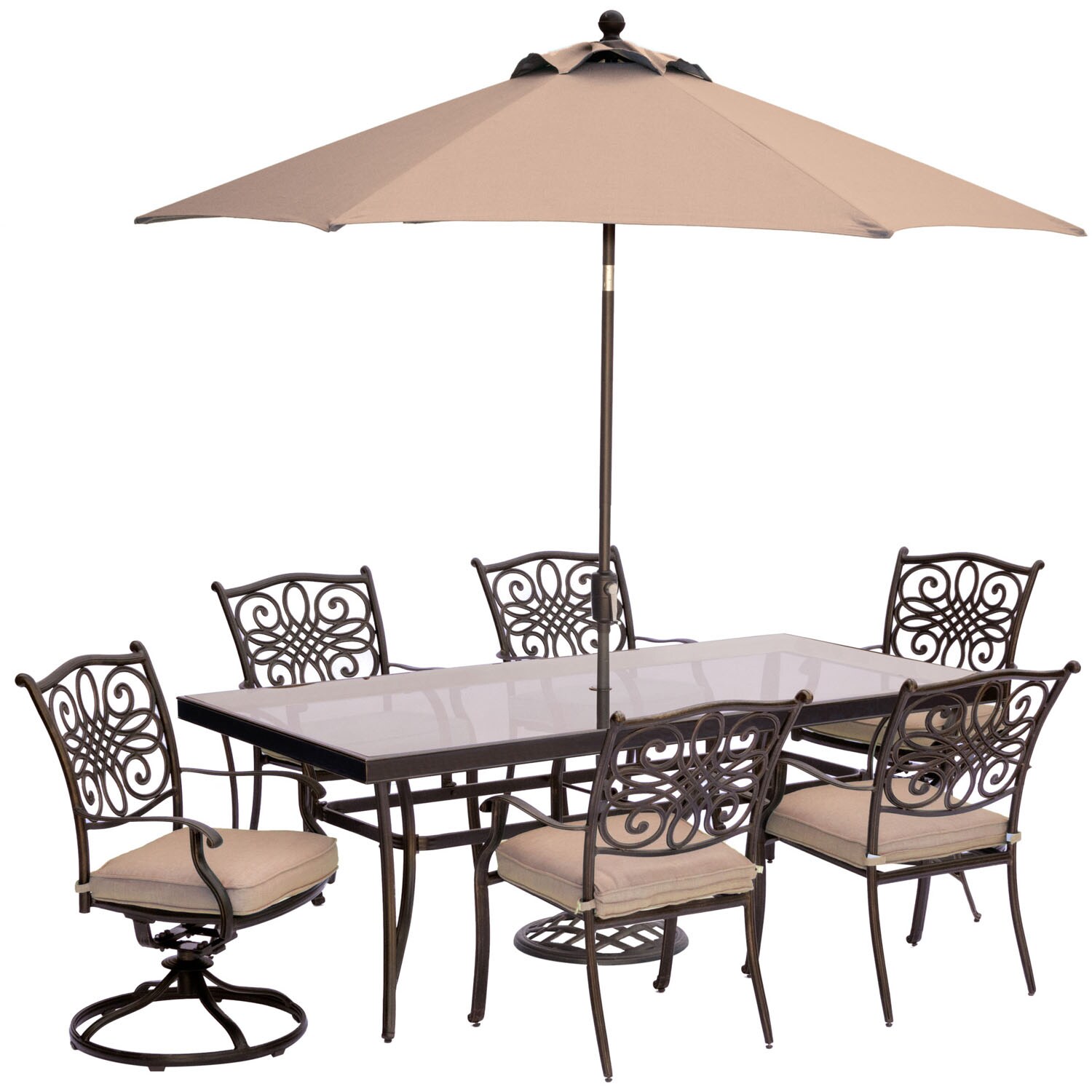 Hanover TRADDN7PCSW2G-SU Traditions 7-Piece Bronze Patio Dining Set Aluminum Rectangle Table with 6 Tan Cushions Stationary Chairs