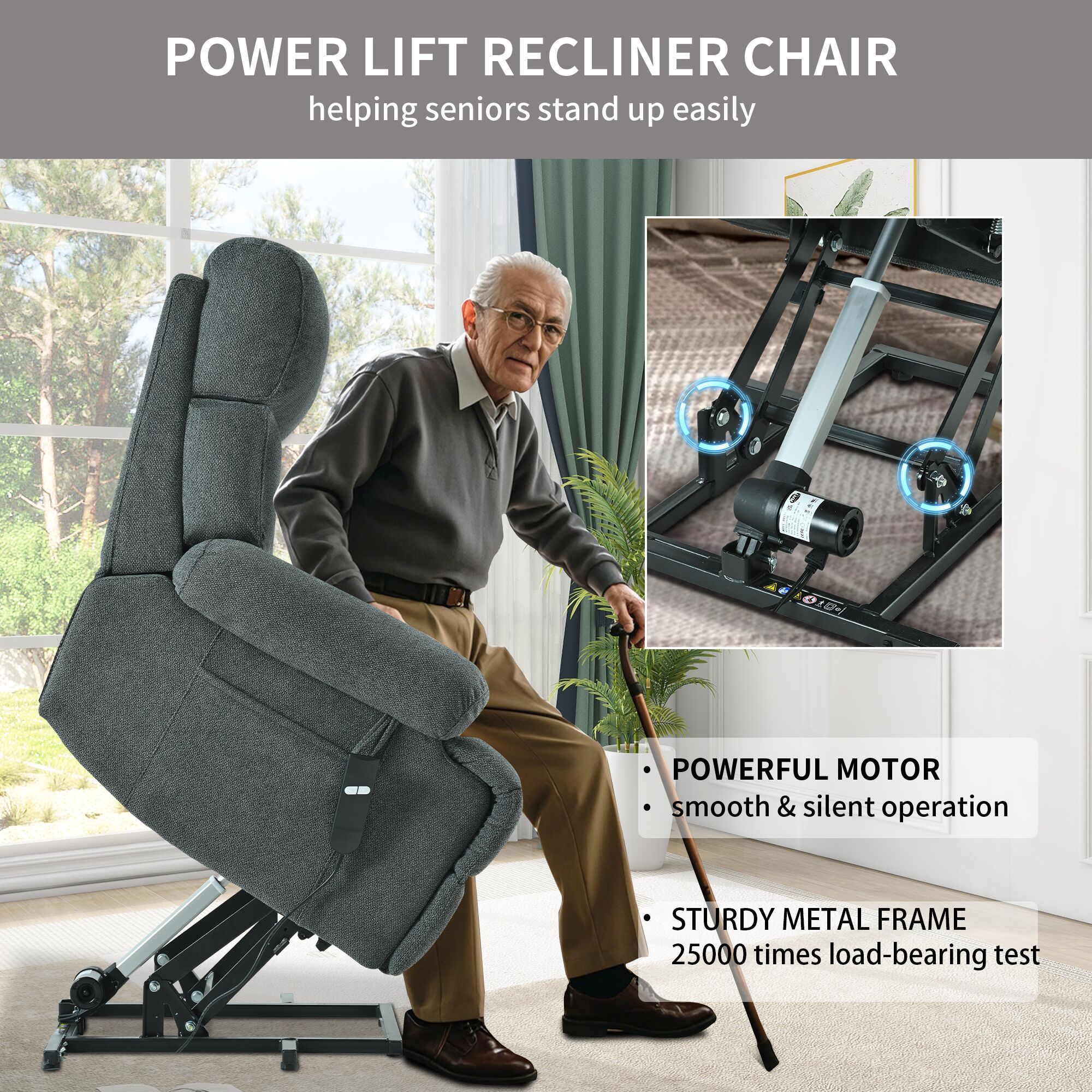Power lift recliner chair features with emphasis on motor and frame