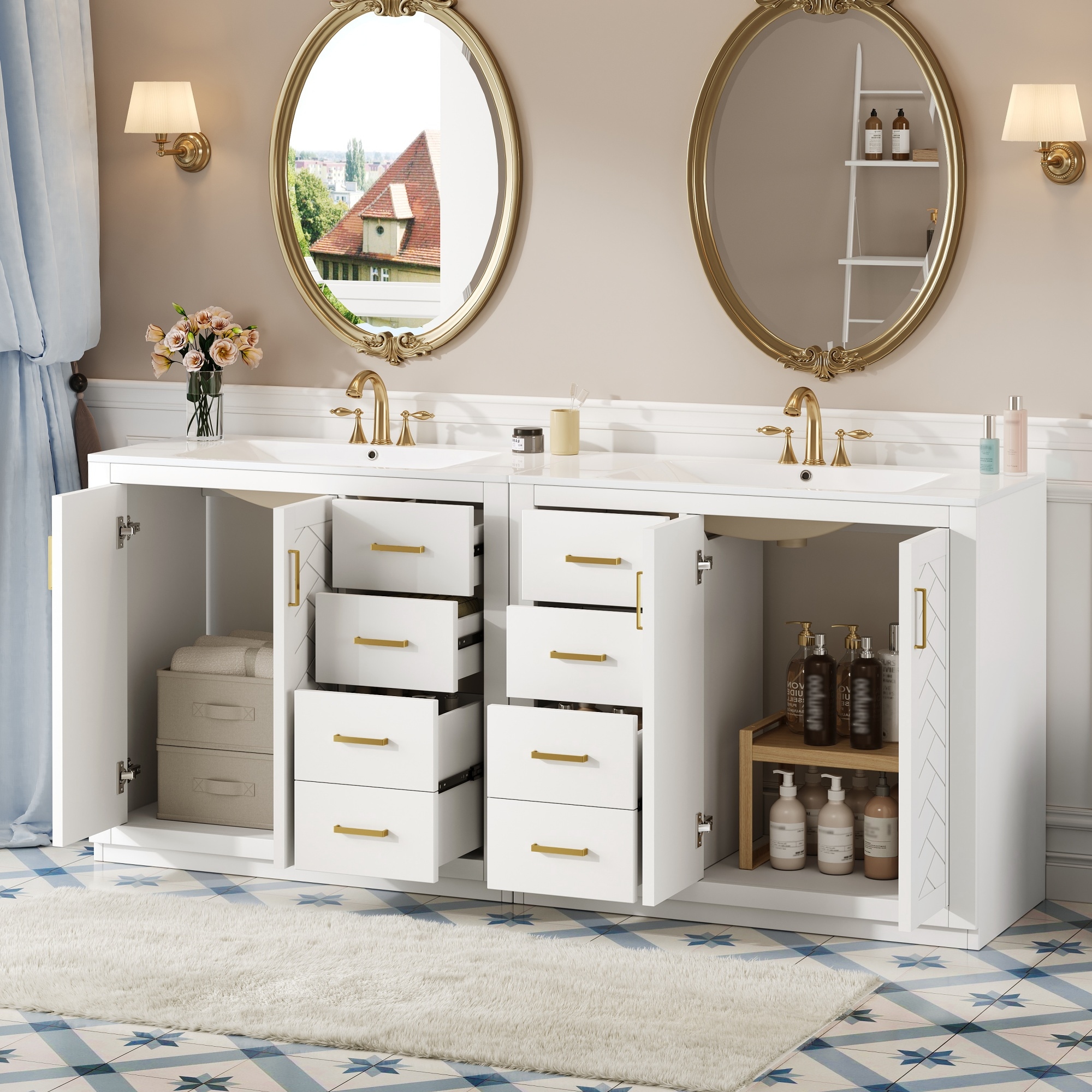ModernLuxe Assembly Required 72inch Bathroom Vanity with Ceramic Sink (Separate) Solid Wood Frame Bathroom Storage Cabinet Freestanding Vanity Set with Drawersand Soft Closing Doors