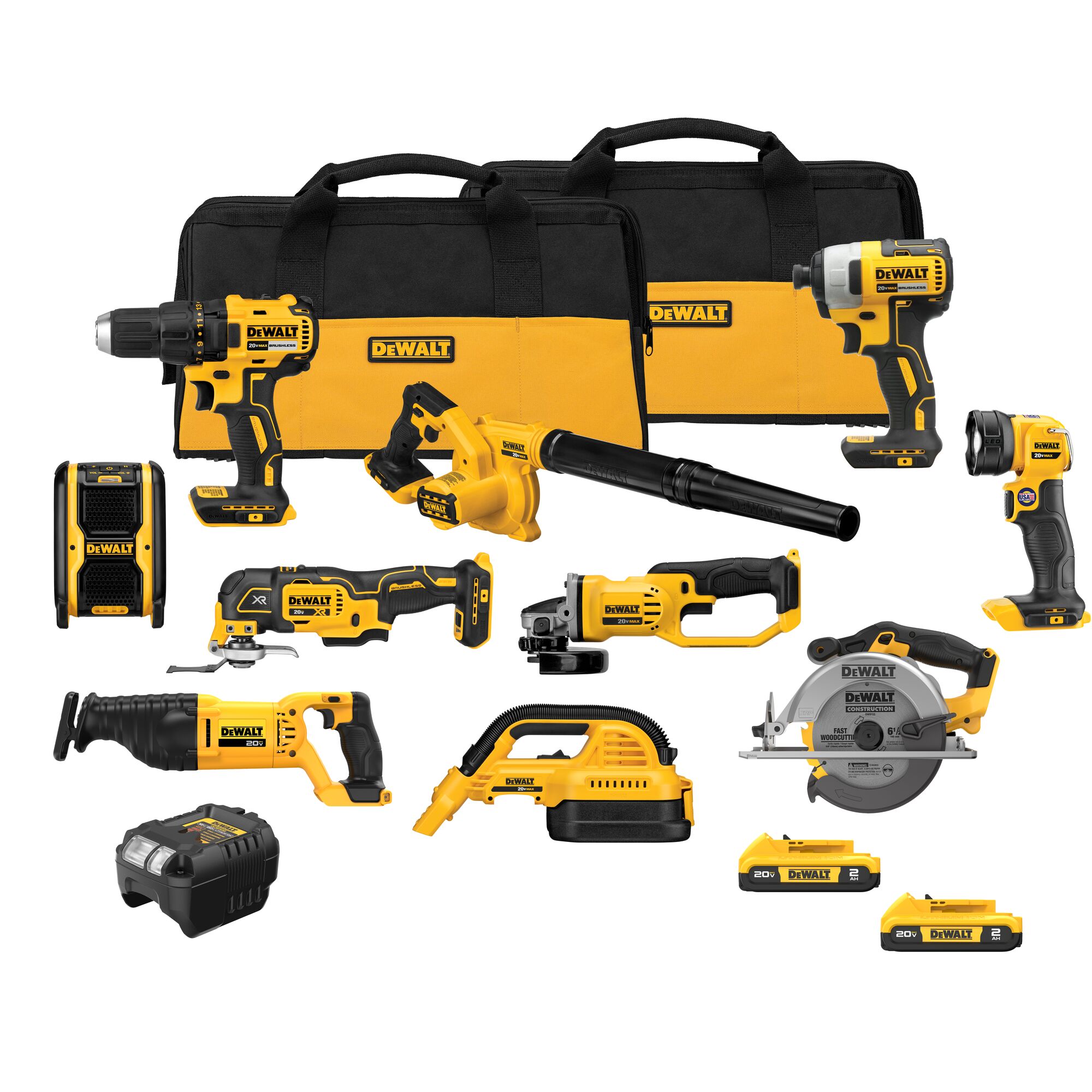 DEWALT DCK1021D2 20V MAX 10-Tool Cordless Combo Kit w/Two-2.0Ah Batteries, Charger And 2-Bags
