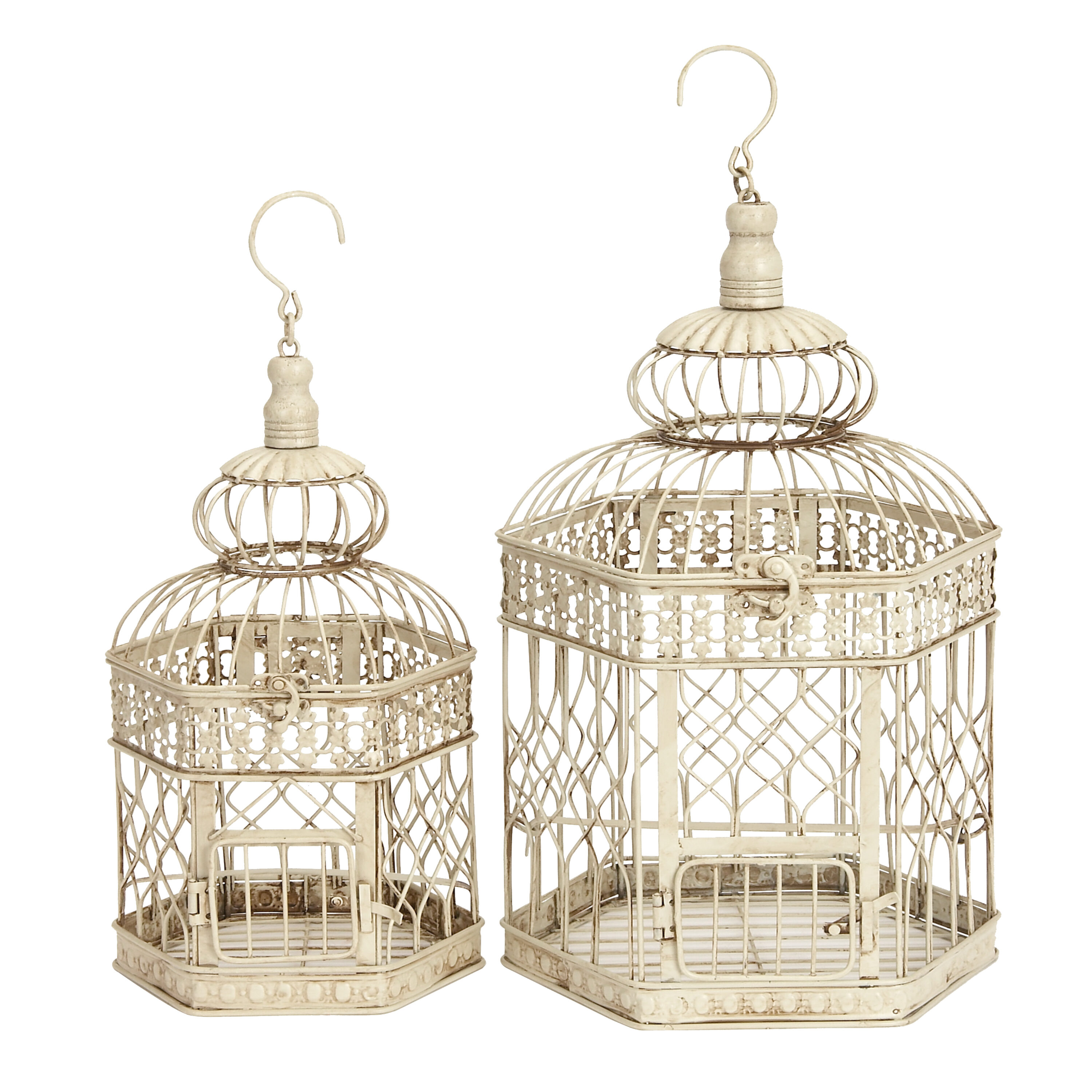 Cream Metal Birdcage Set with Floral Embossed Design, 21" and 18"