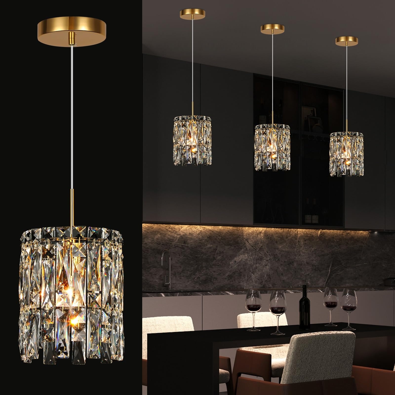 Oyezvary  Gold K9 Crystal Chandelier 1 Piece Modern Adjustable Pendant Light 7 in Dia 8 in H for Dining Room Kitchen Island Entryway E12 Base