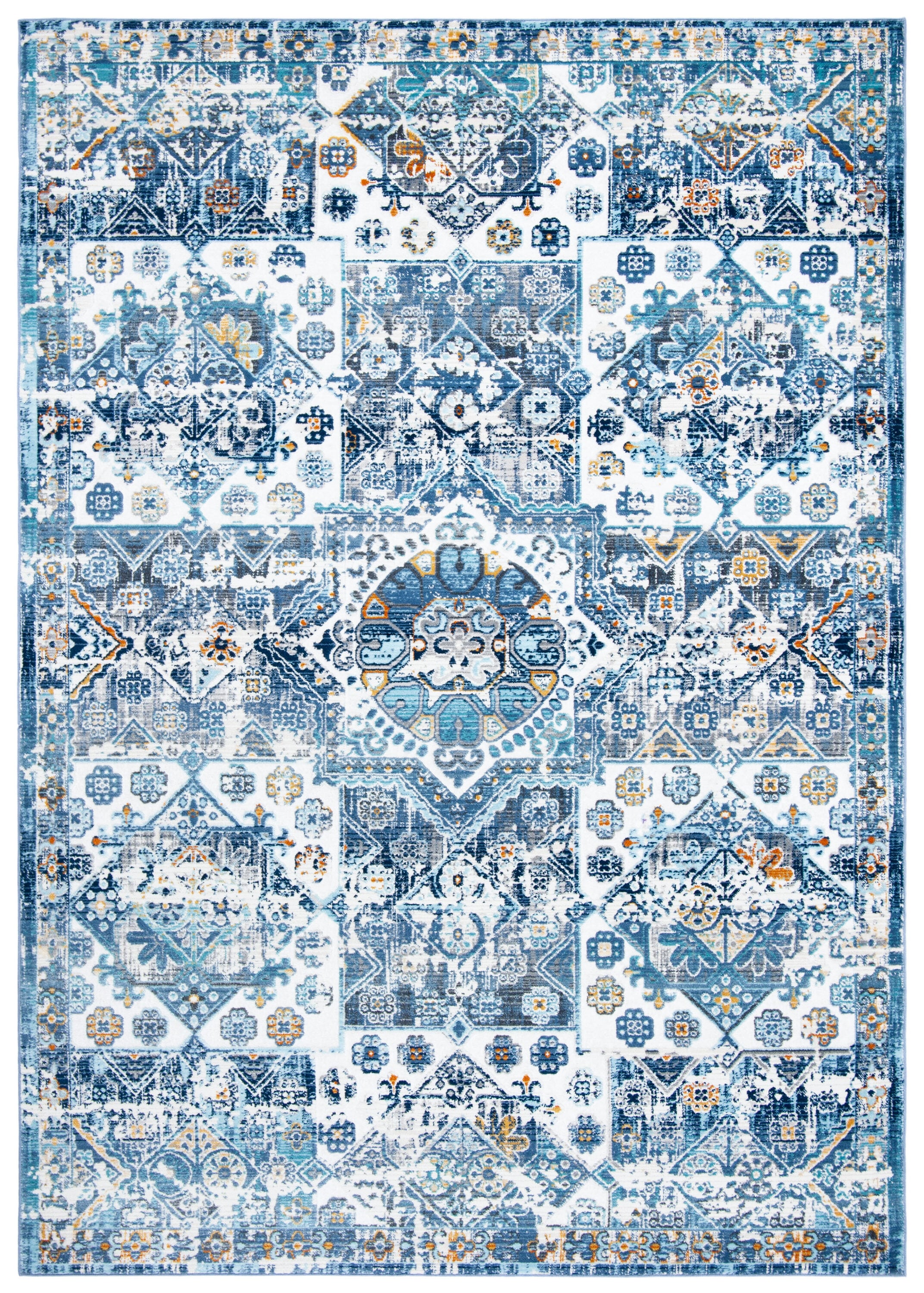 Ivory and Navy Floral Geometric Wool Area Rug
