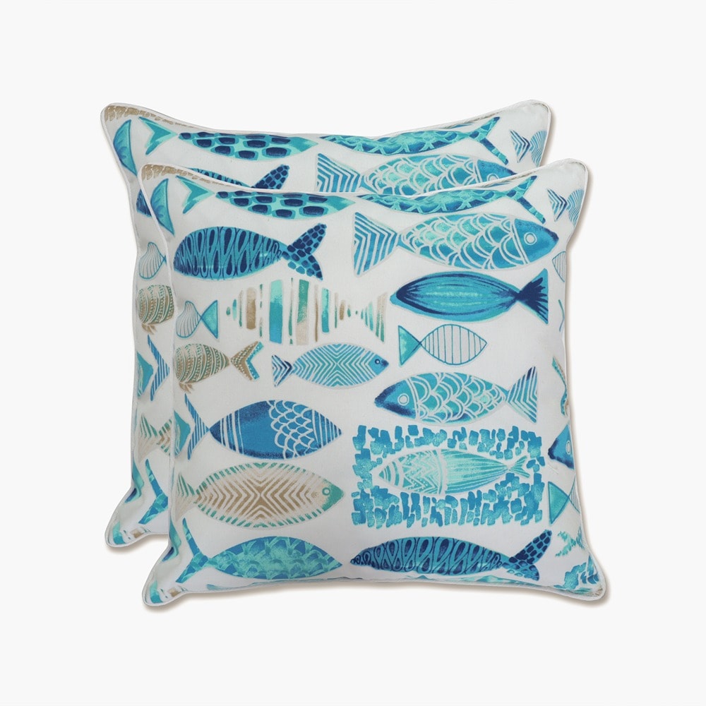 Pillow Perfect 704395 Hooked Seaside Blue 2-Pack Floral Blue Square Throw Pillow