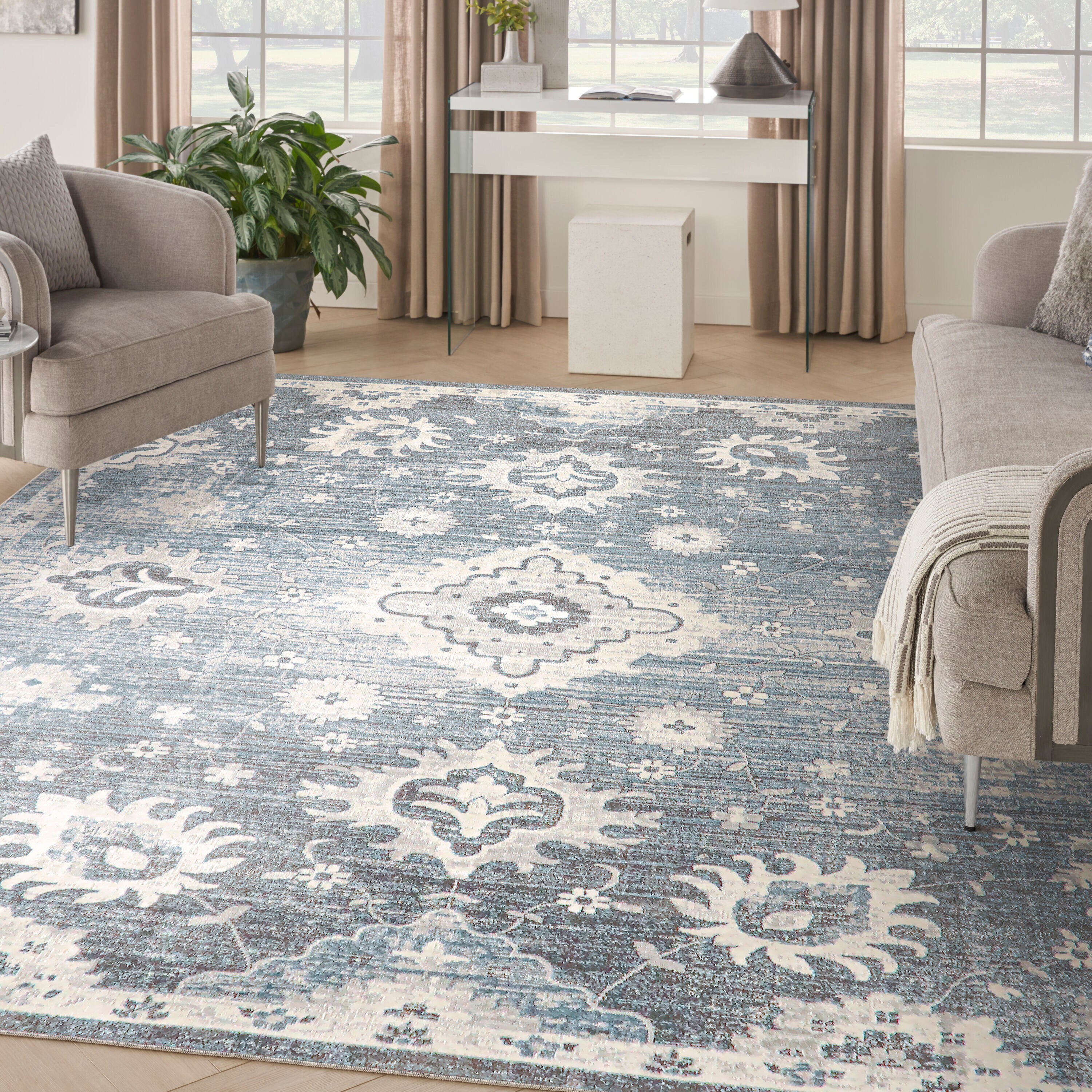 Nourison Home 841491133880 9 x 12 (ft) Loomed Denim Rectangular Indoor Distressed/Overdyed Pet Friendly Area rug