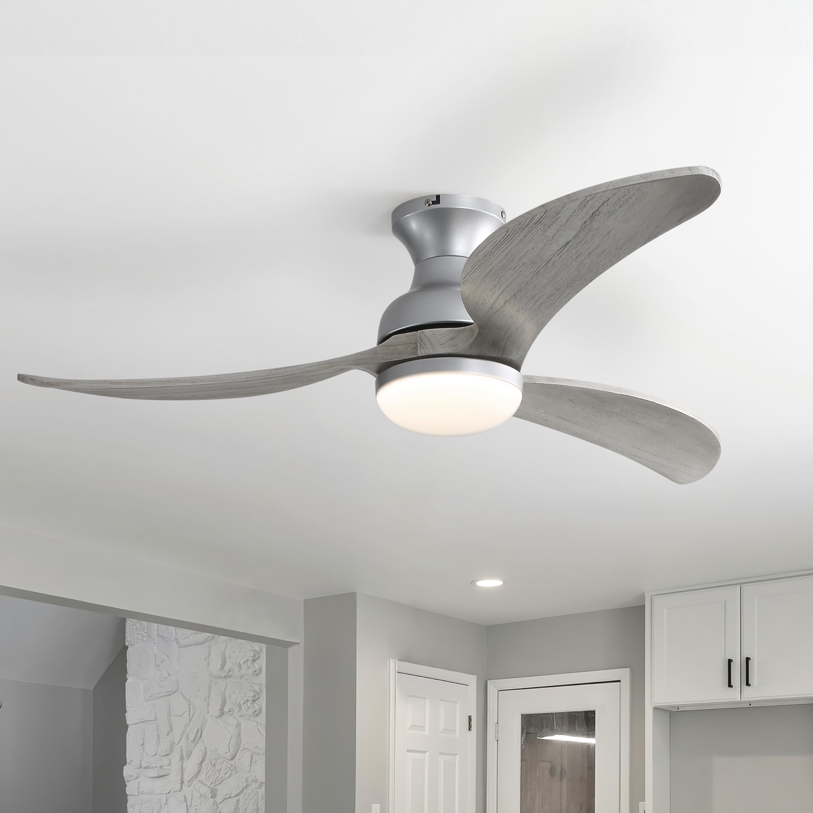 Sofucor LS-52K034SMTY-SL-HMW Nicola 52-in Color-Changing Integrated LED Flush Mount Smart Gray with Gray Blades Propeller Ceiling Fan With Light and Remote ( 3 -Blade )