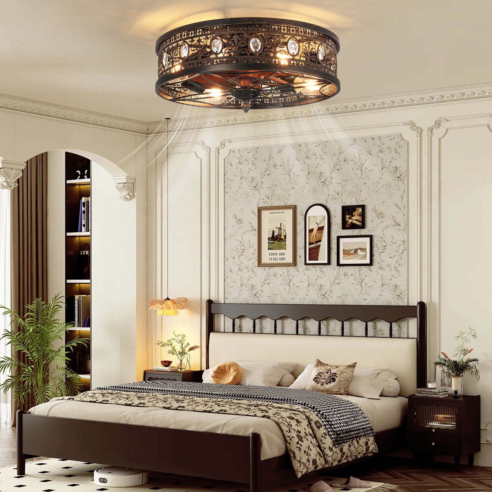 Ltemziiy 18 Inch Farmhouse Ornate Crystal Flush Mount Ceiling Fan