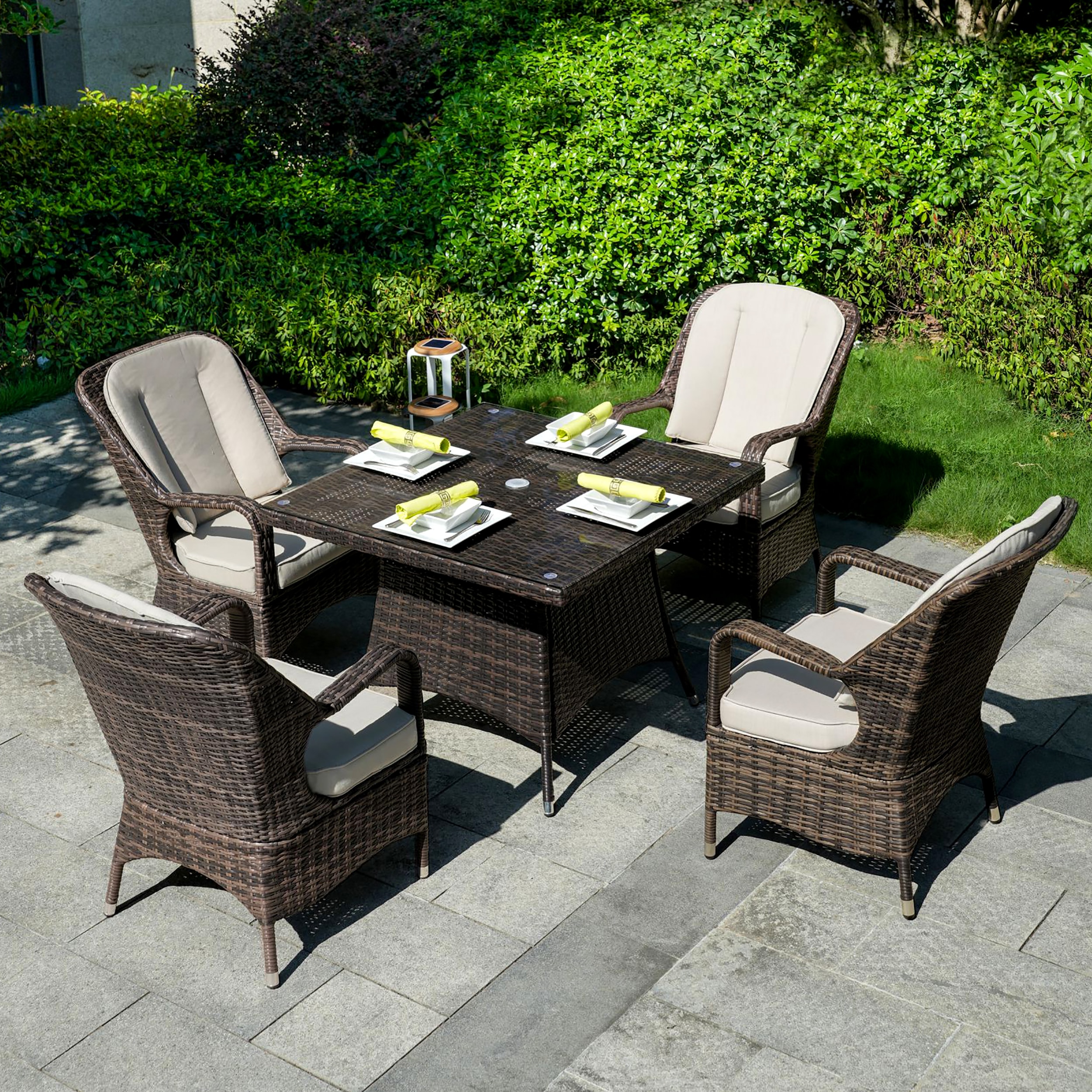 Moda Furnishings CMAD-1710-BR Descio 5 -Piece Black Wicker Patio Dining Set Wicker Square Table with 4 Tan Cushions Stationary Chairs