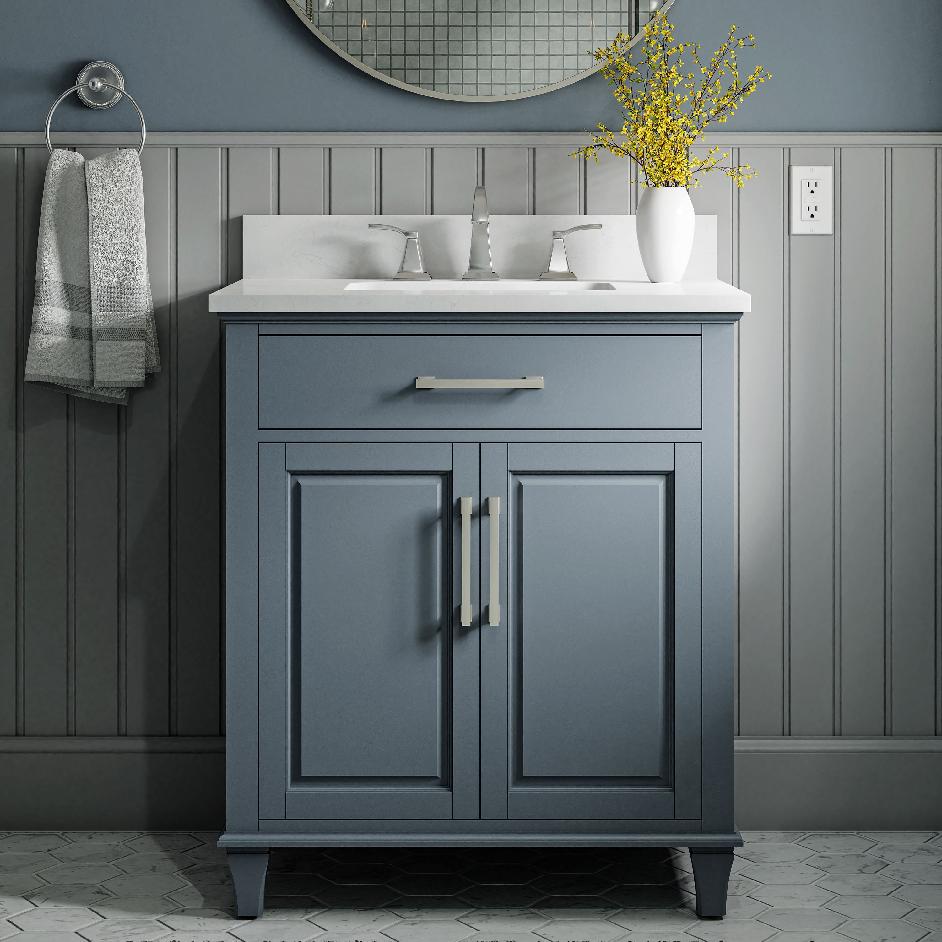 Marble and Nickel Sink Vanity with Vintage Glass Shelf