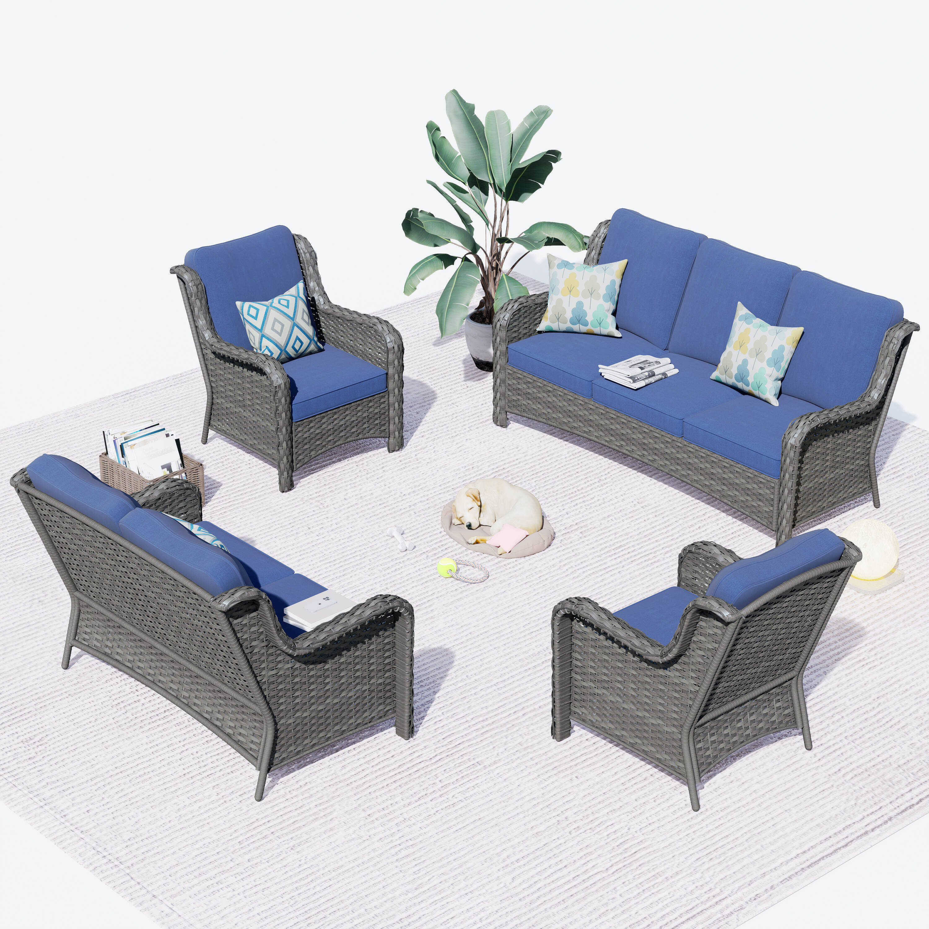 Ovios GNTC3-602 4 -Piece Wicker Patio Sofa Conversation Set with Blue Cushions