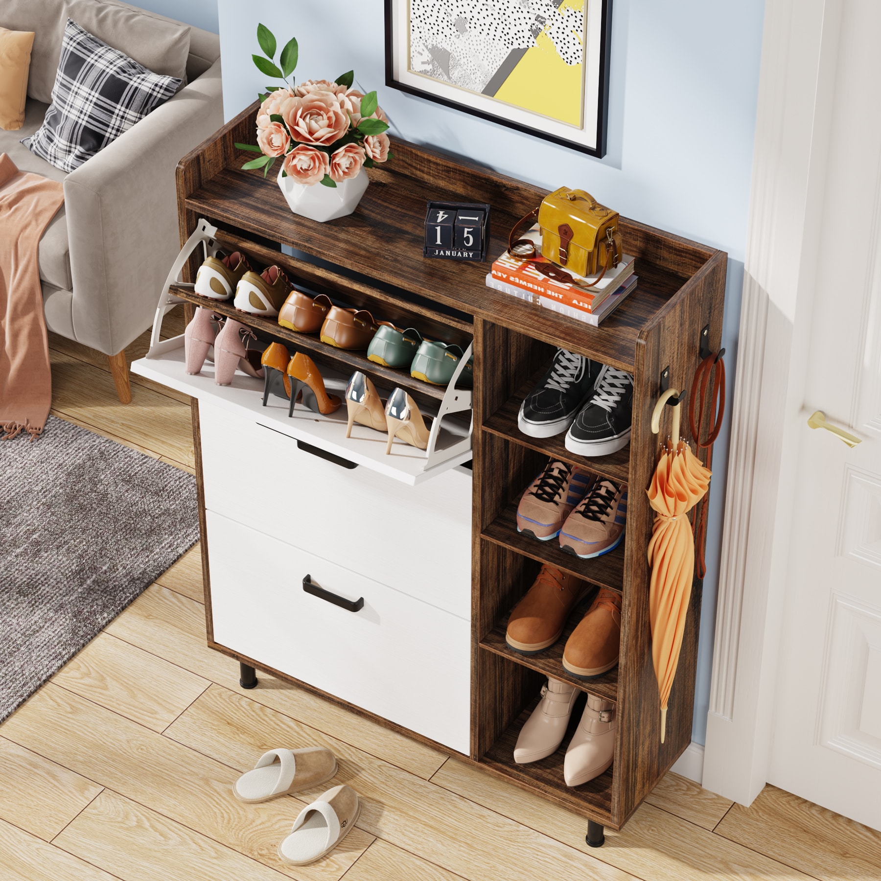 3-Tier Shoe Rack,Industrial Shoe Bench with Storage Shelves for Livingroom Brown