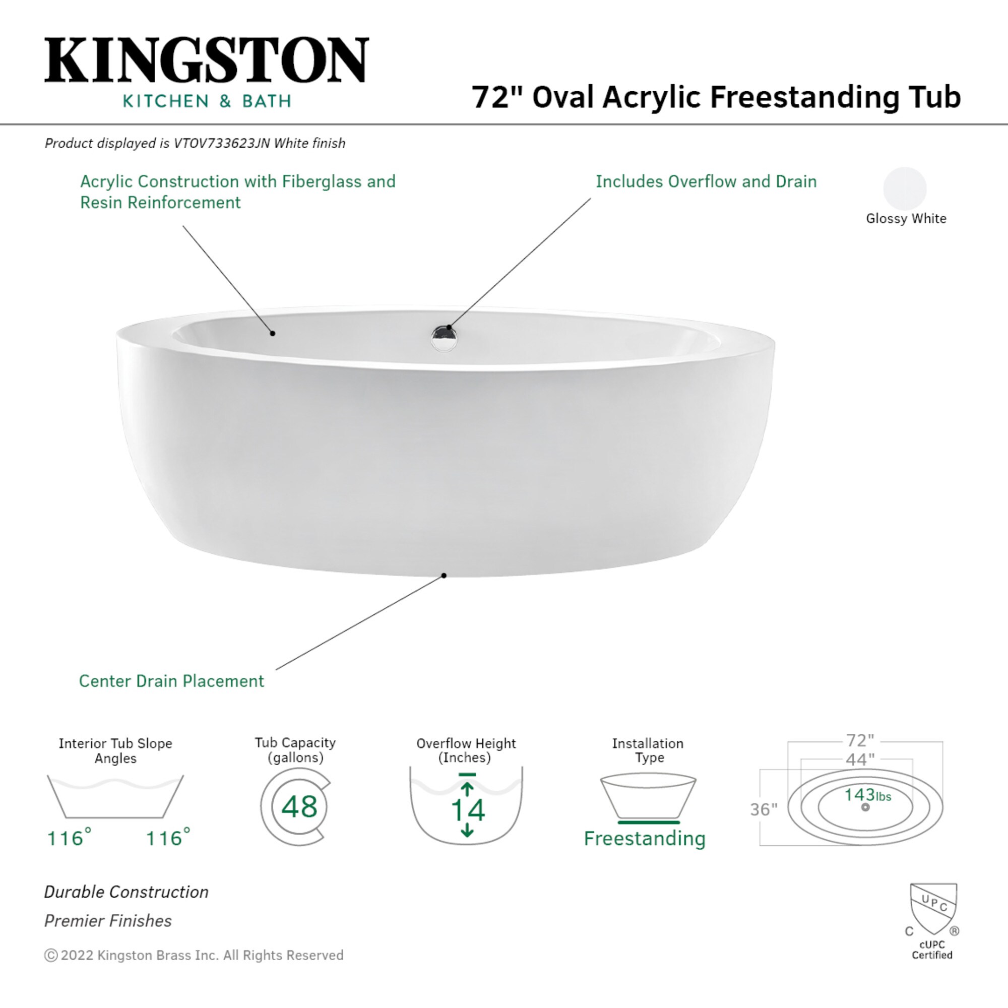 Kingston Brass WLVTOV733623JN bathtubs - View #3
