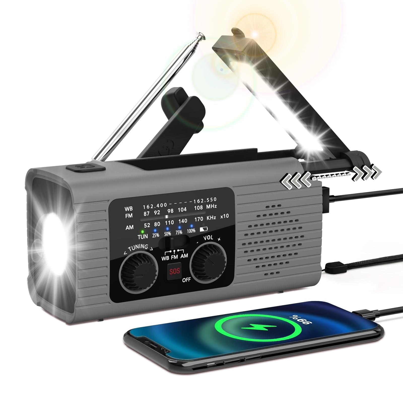 Etokfoks emergency NOAA AM FM weather radio portable solar and hand crank powered with high gain antenna LED flashlight rotating reading #LET47J177