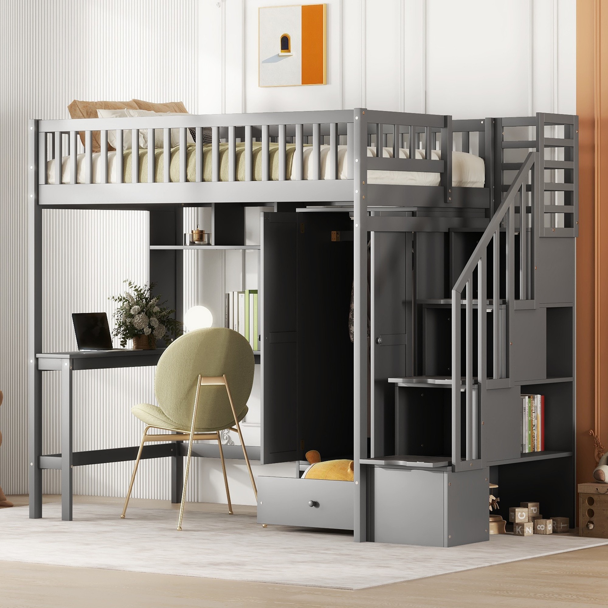 Yiekholo LL-1361AAE Gray Twin loft Bunk Bed