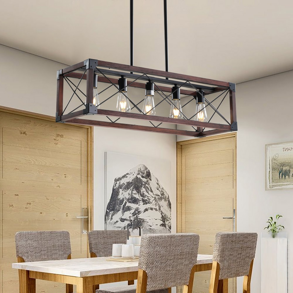 Basdien 31 in Black Red Industrial Farmhouse Rectangle Pendant Light Chandelier Iron Frame Design Adjustable Hanging E26 Base Max 300W Compatible LED Incandescent CFL Halogen Bulbs for Dining Room Kitchen Island Living Room Easier Install Nice