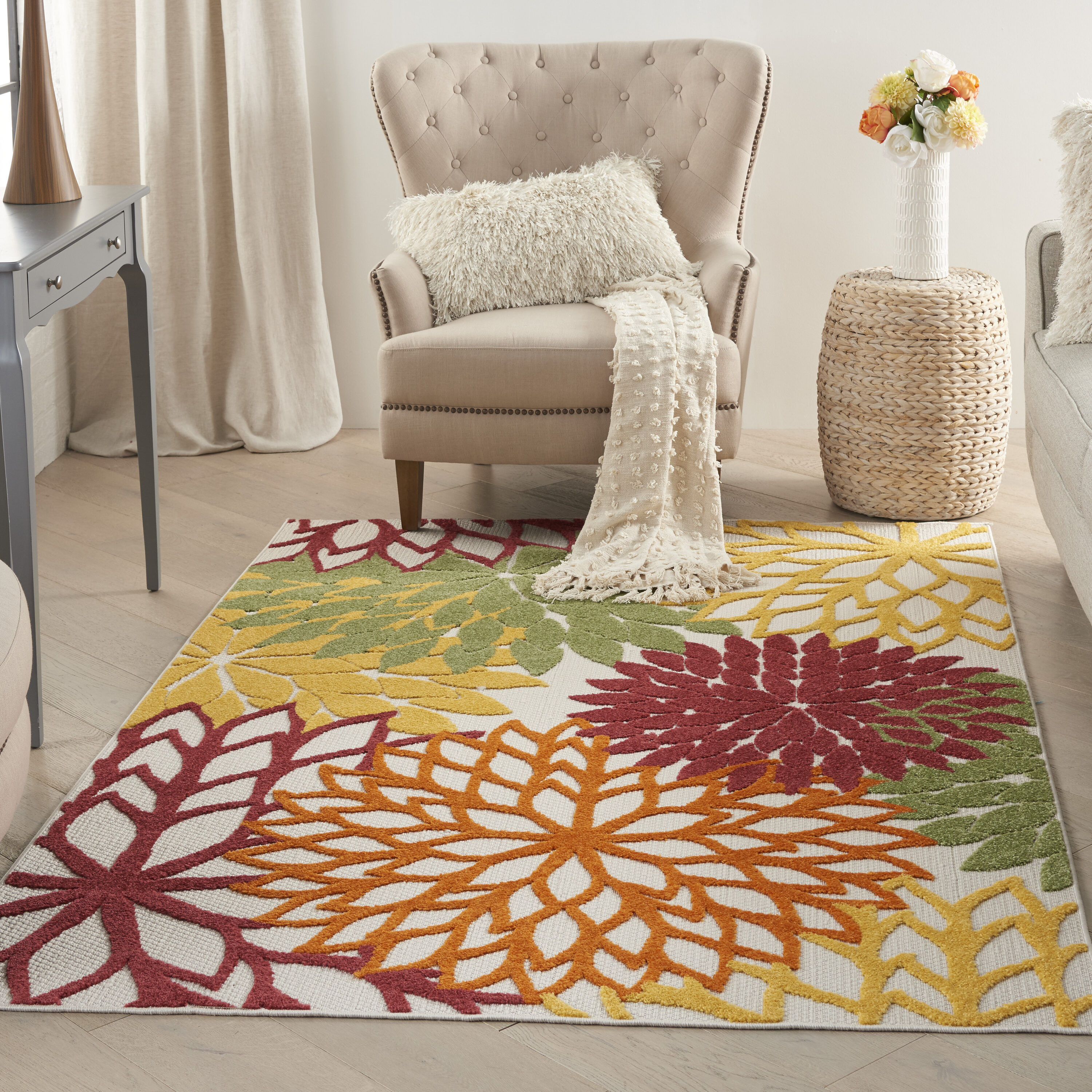 Nourison 99446826954 Aloha 6 x 9 (ft) Loomed Polypropylene Red Multi Colored Rectangular Indoor/Outdoor Floral/Botanical Tropical Area rug