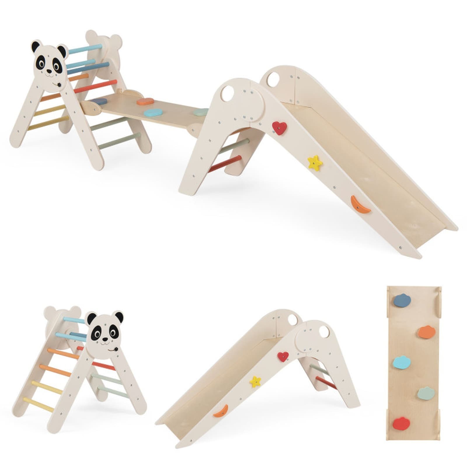 SUGIFT Triangle Set Foldable Kids Climbing Toys Panda-Themed Wood Montessori Climbing Set-Macaron