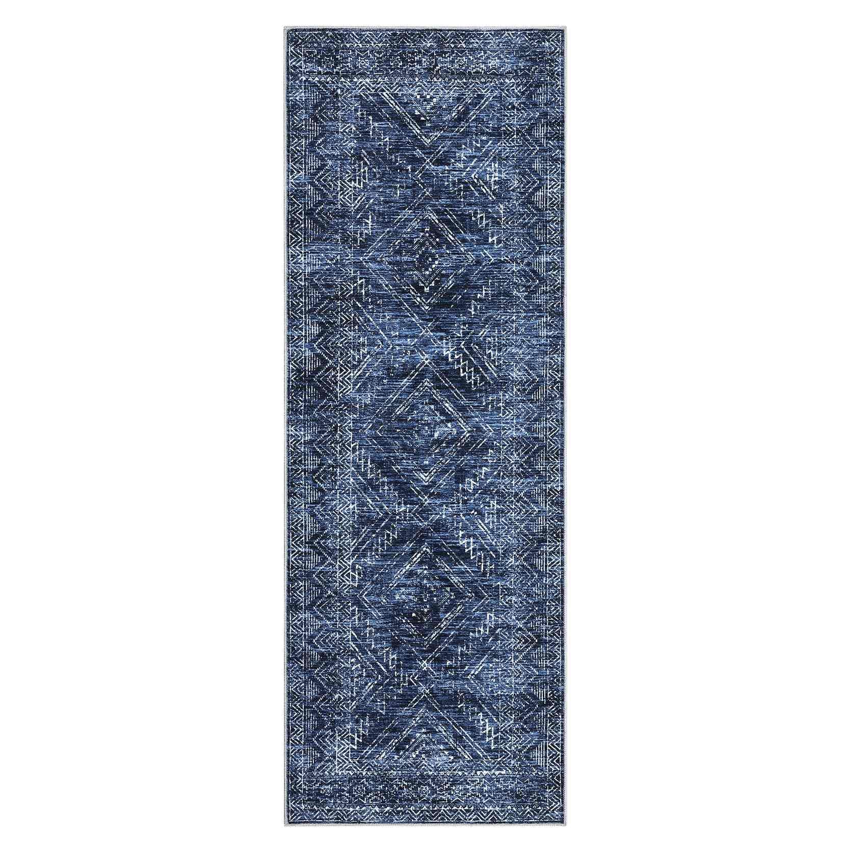 WhizMax SUNNY-PHO-33RAR6AX 2 x 8 ft Polyester Blue Rectangular Hallway Entryway Bathroom Kitchen Geometric Modern Machine Washable Runner Rug