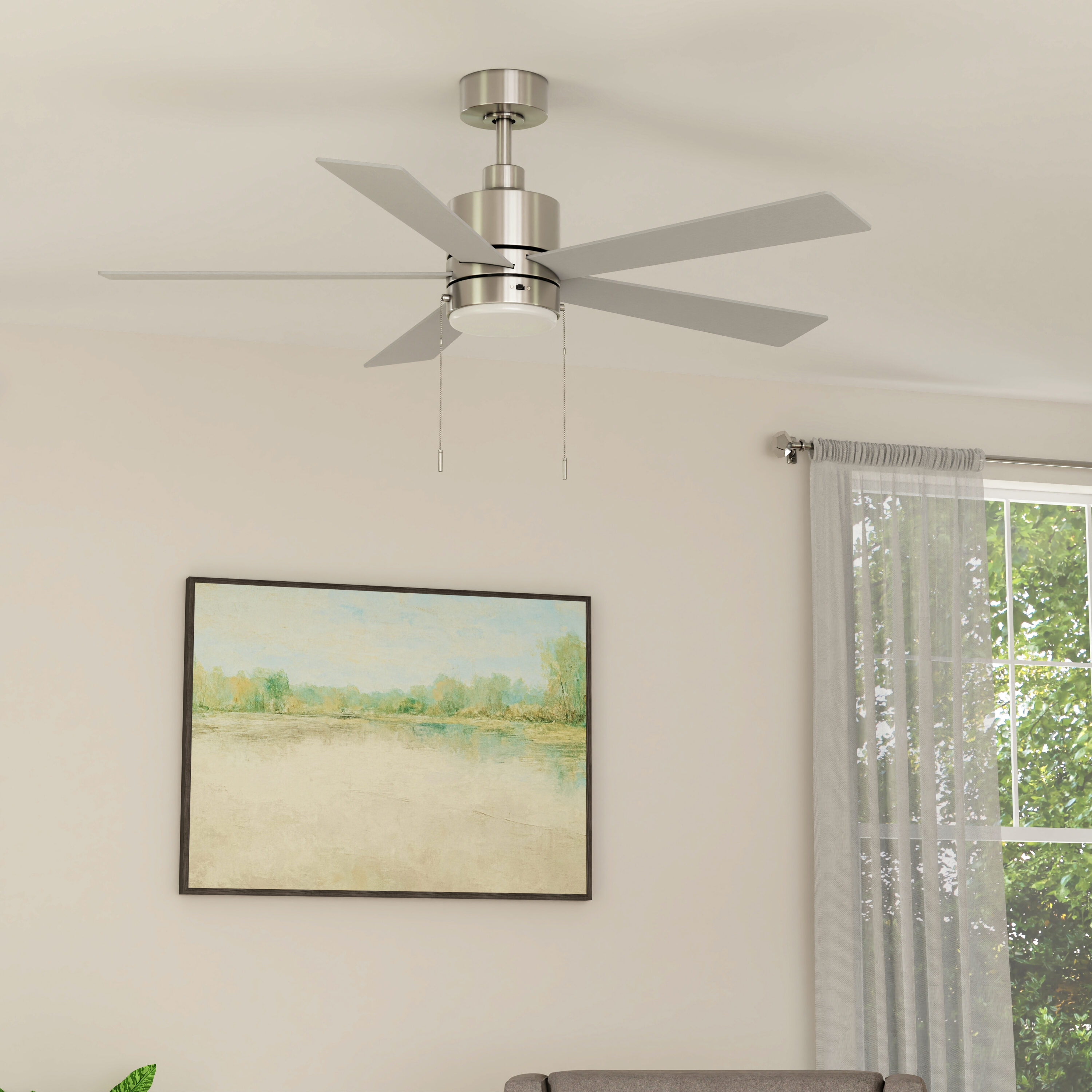 Harbor Breeze FRS52BNK5LE Frisco 52-in Integrated LED Downrod or Flush Mount Brushed Nickel with Matte Blades Ceiling Fan With Light 5 -Blade )
