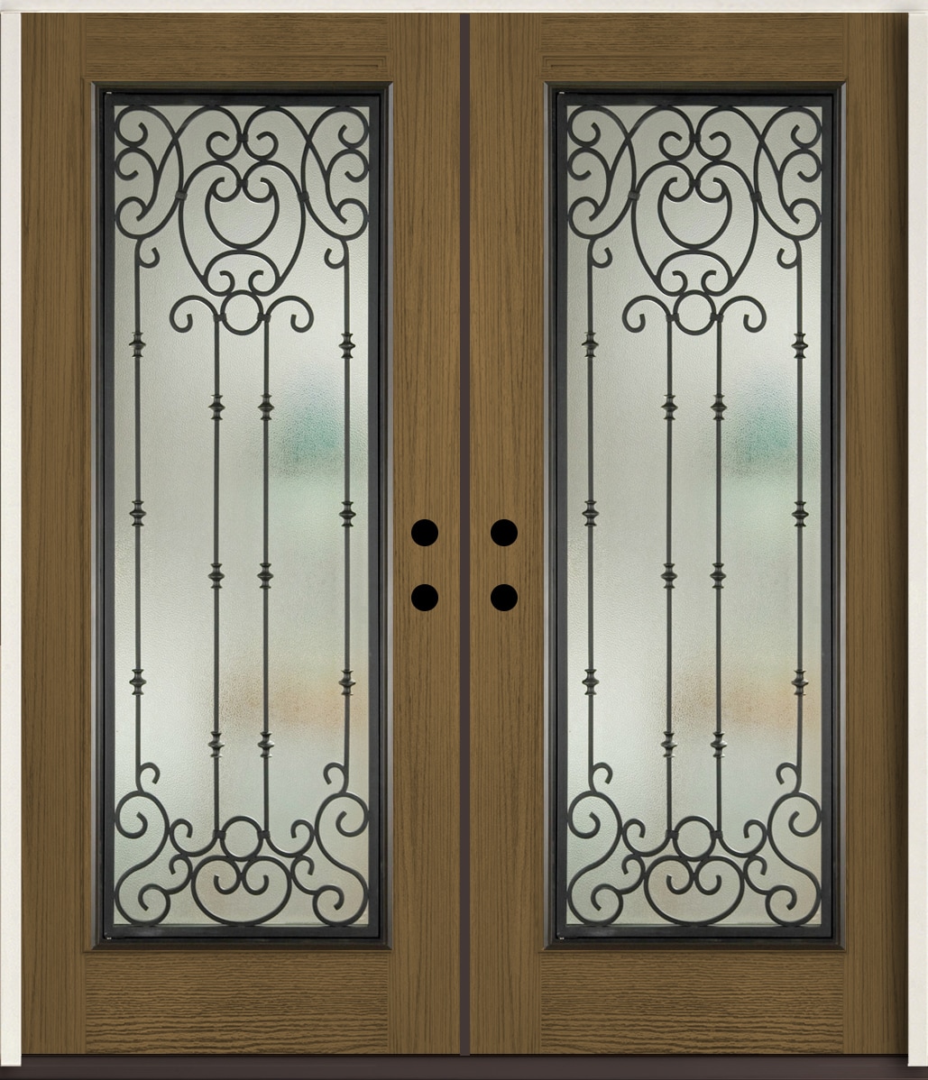 RELIABILT LO963961 Belle Meade 72-in x 80-in x Fiberglass Full lite Right-hand inswing Walnut Stain Stained Prehung Double Front Door Insulating core