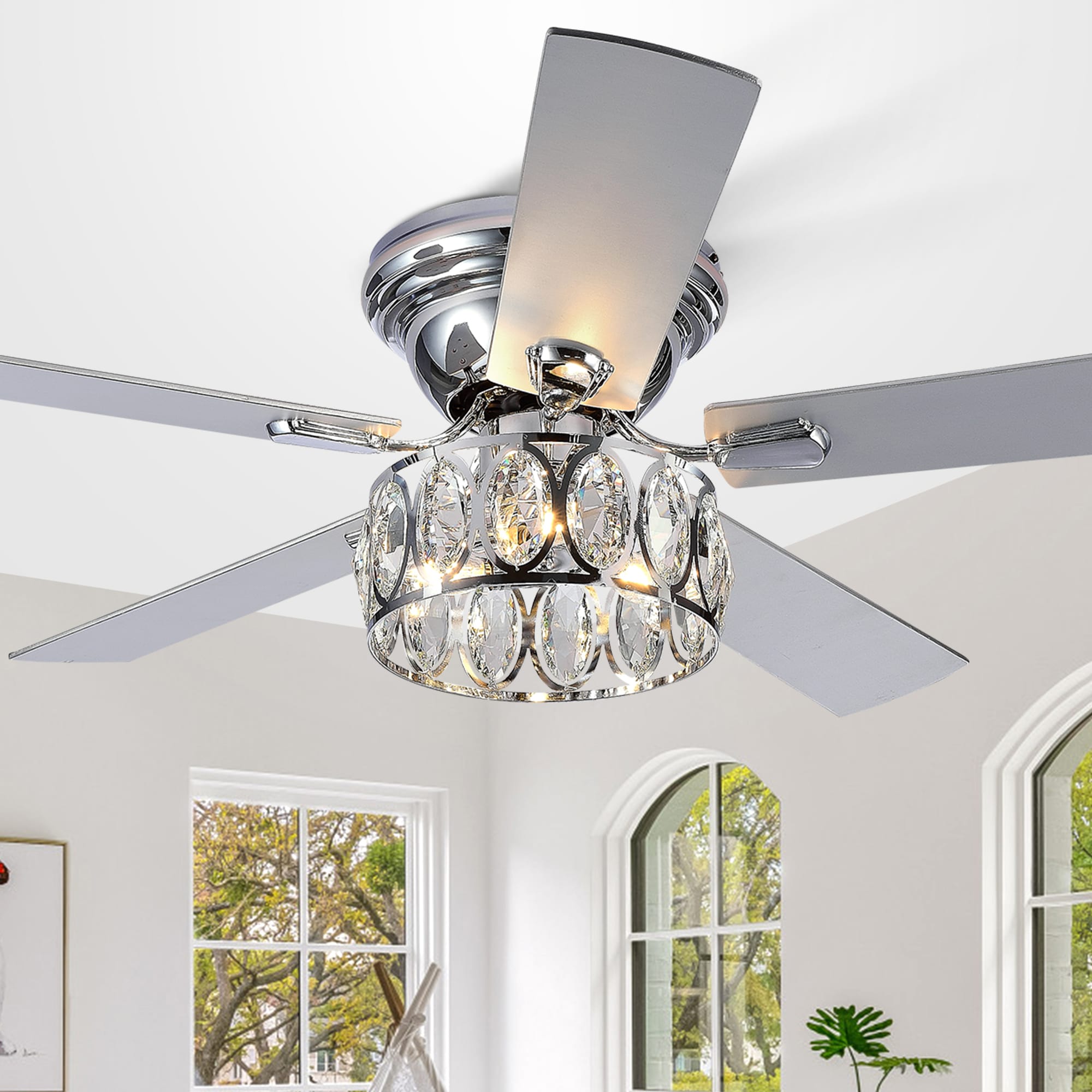Breezary 52-in Chrome Indoor Flush Mount Chandelier Ceiling Fan with ...