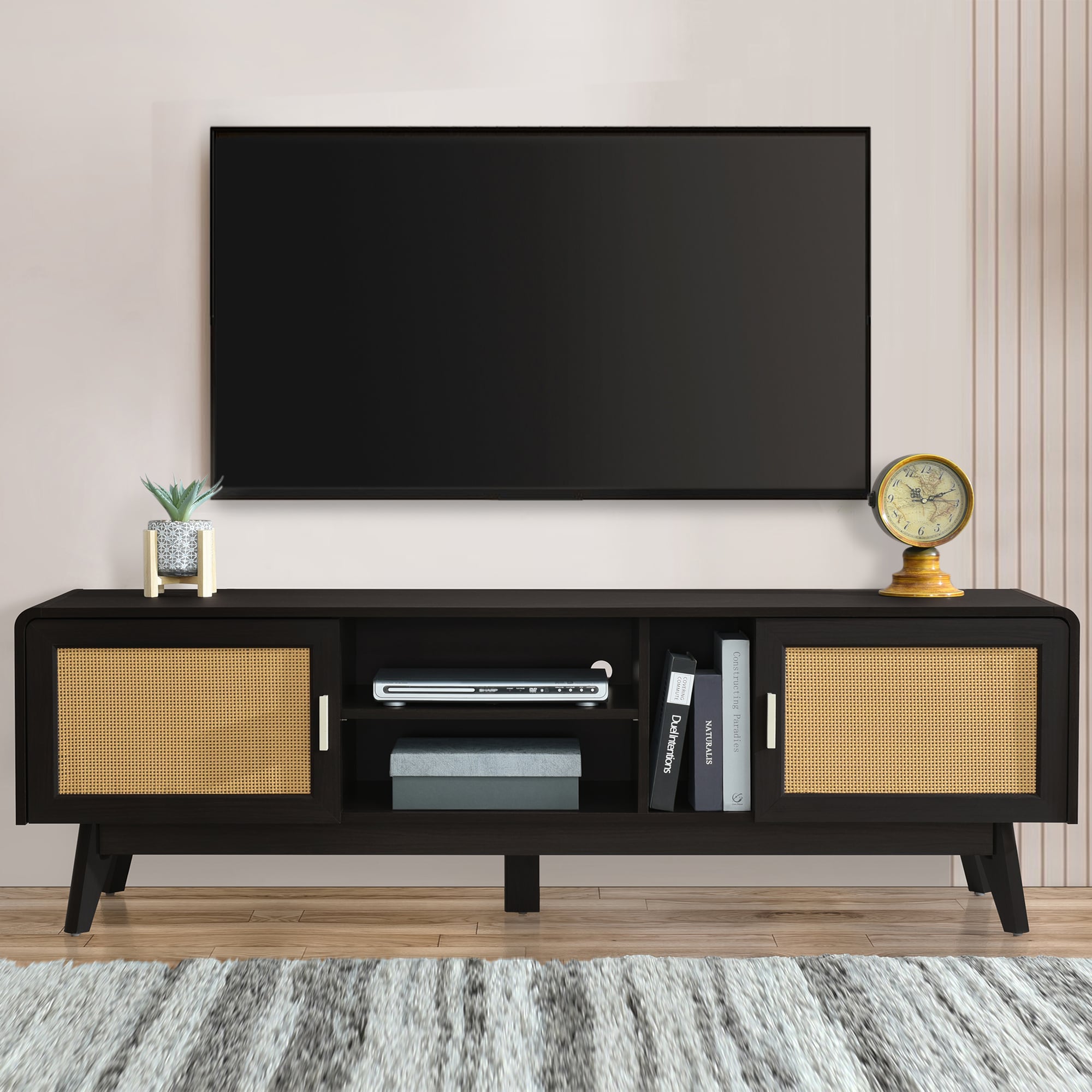Tatayosi XH-P182433B 63 Inch Bohemian TV Stand with Rattan Design and Storage for TVs Up to 65 Inches