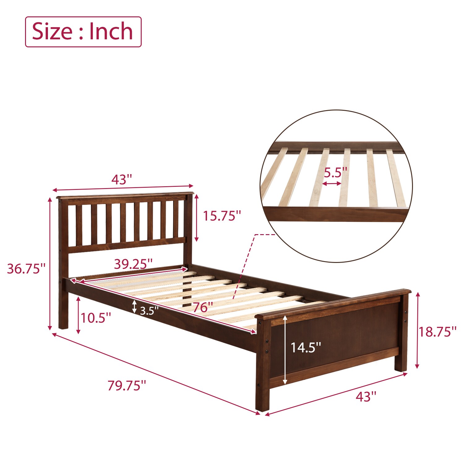 ZAKLOOP - Twin Brown Wood Bed Frame with Headboard