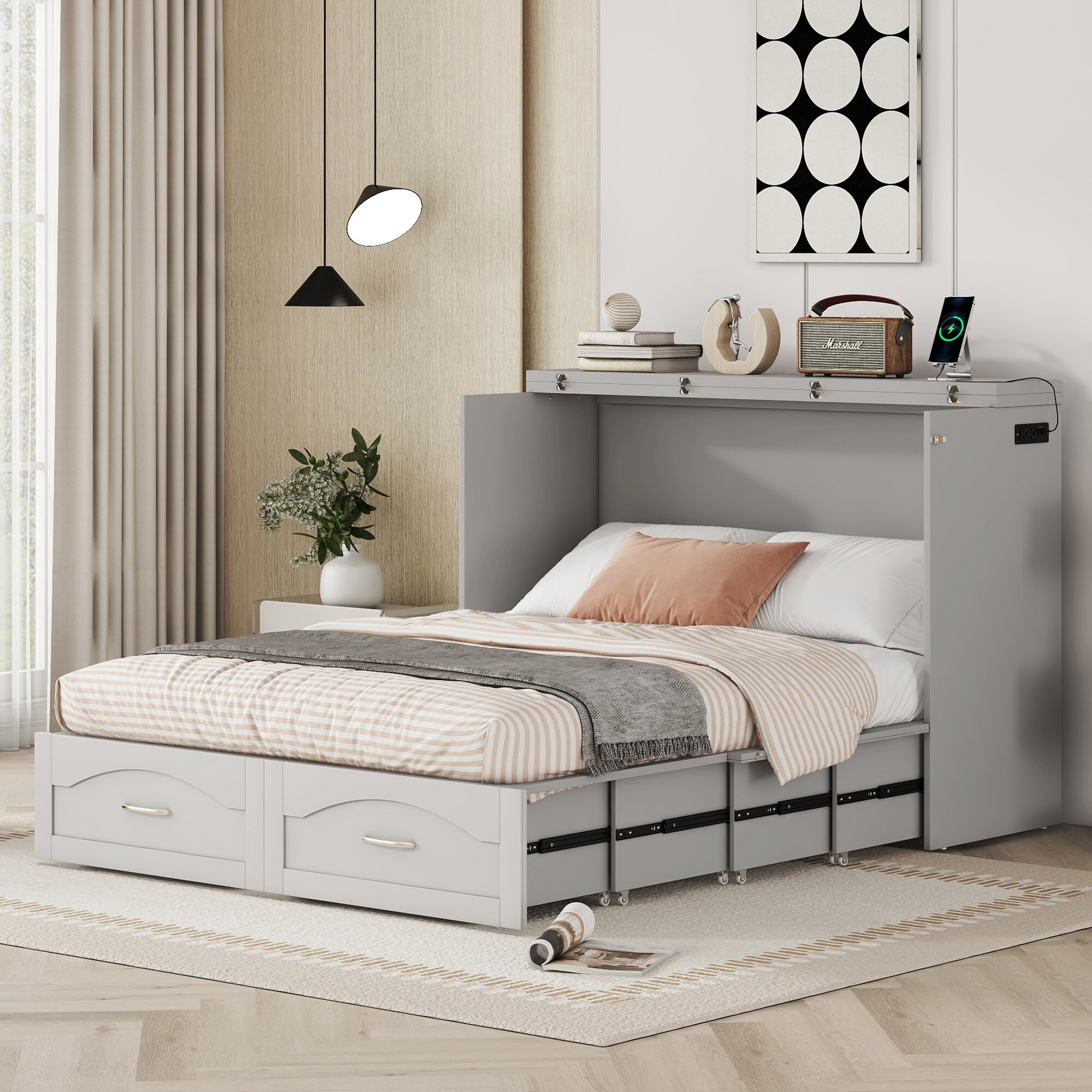 ModernLuxe LP000670AAE Full Size Murphy Bed Wall Bed with drawer and a set of Sockets  USB Ports Pulley Structure Design Gray