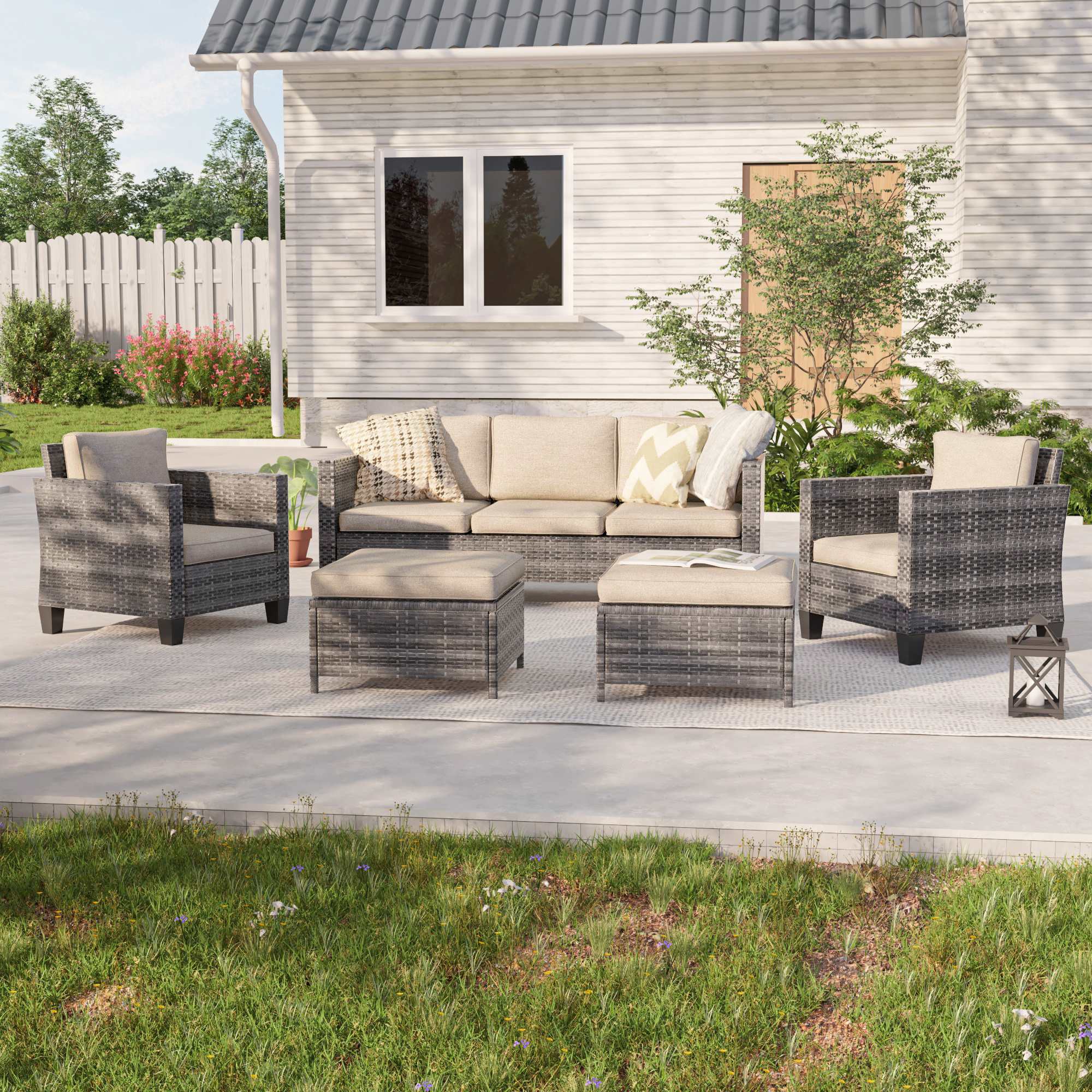Aok Garden - Outdoor 5 Pieces Sofa Seating Group Patio Conversation Set Grey Wicker with Sand Cus...