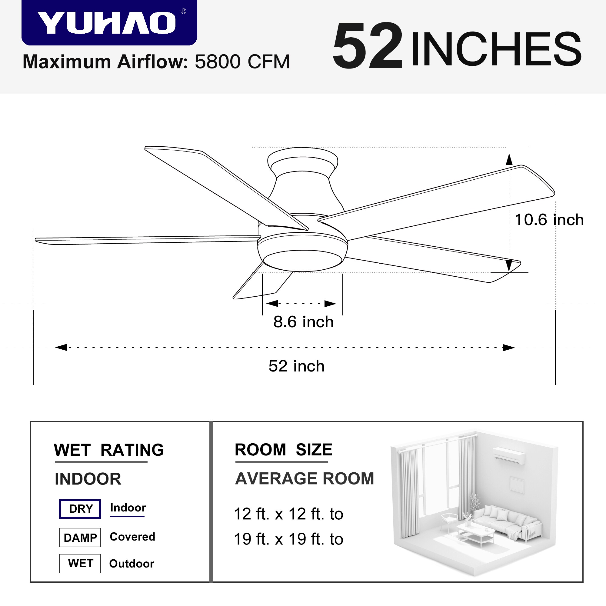 YUHAO 52 in. Topsky Indoor Integrated LED Brushed Nickel Low 