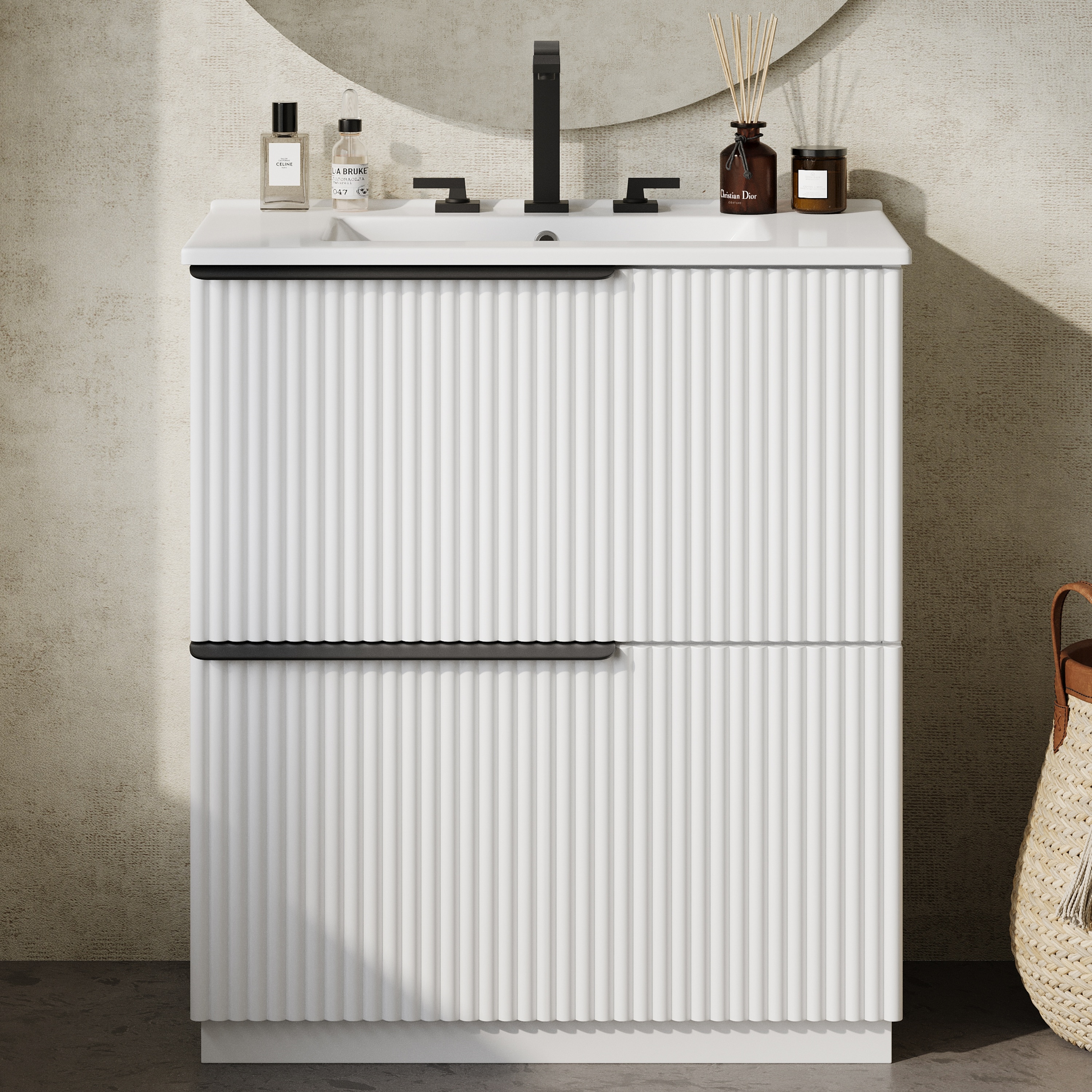 LOVMOR SF-M-N817P288915W 30inch Bathroom Vanity with Ceramic Sink and Full Extension Drawers Freestanding Bathroom Vanity with Soft Close Drawer Slides Fluted Design White