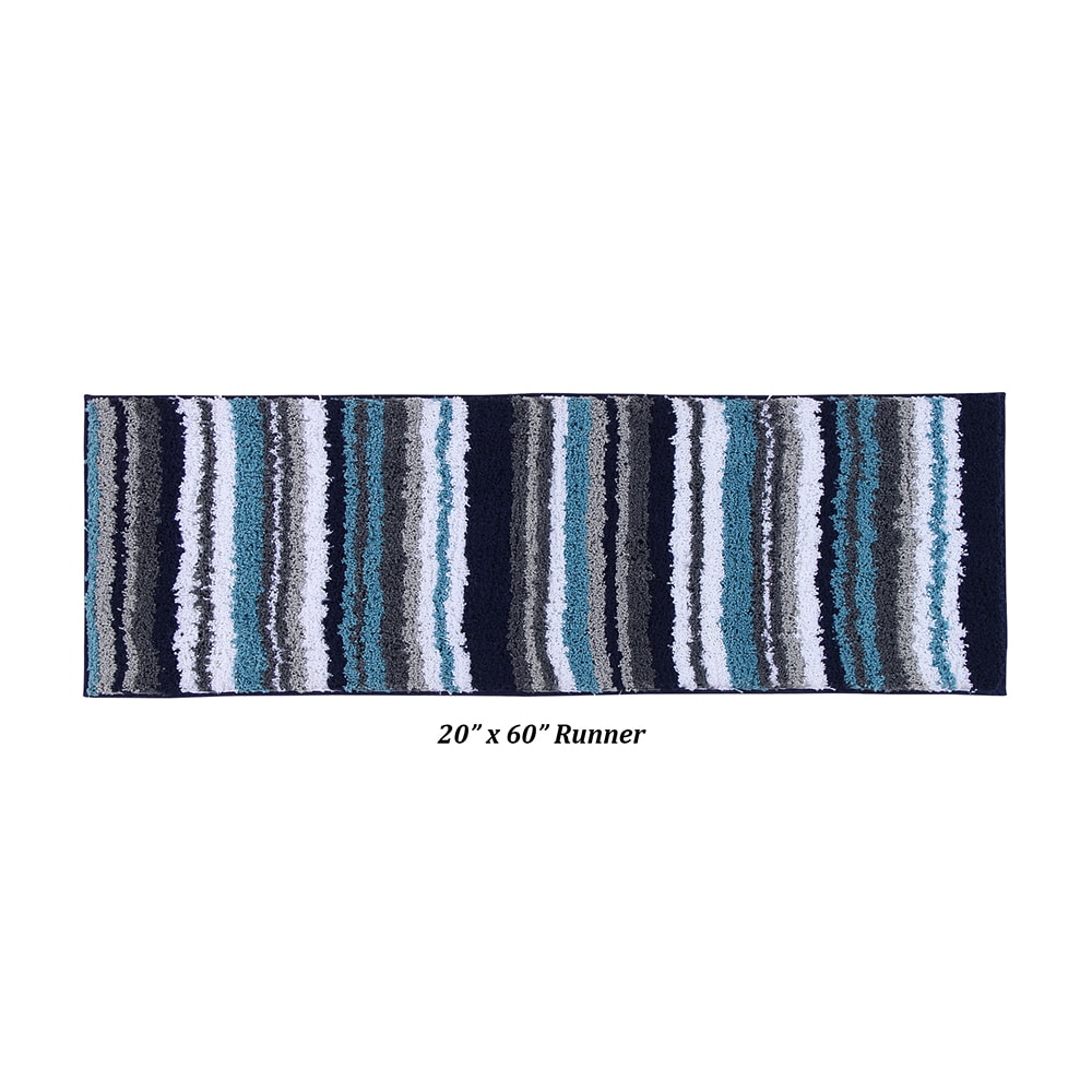 Griffie Blue and Gray Polyester Striped Bath Runner Rug