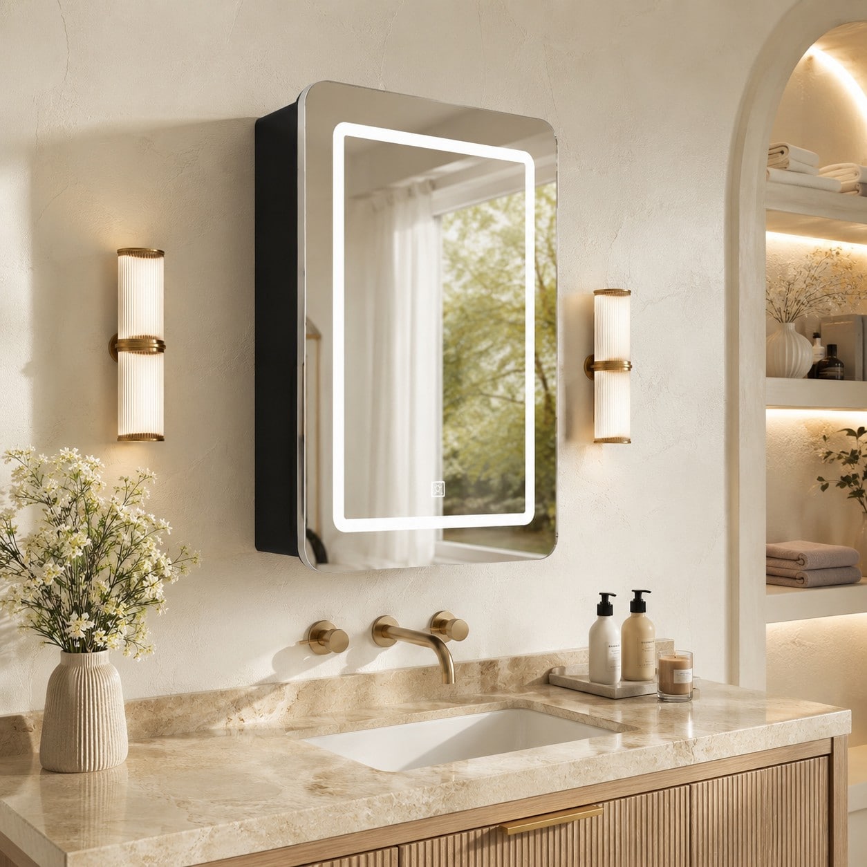 Tinyhomie 24-in W x 30-in H Silver 3 Color Temperature LED Medicine Cabinet Dimmable Light High CRI Tempered Glass Mirror Cabinet