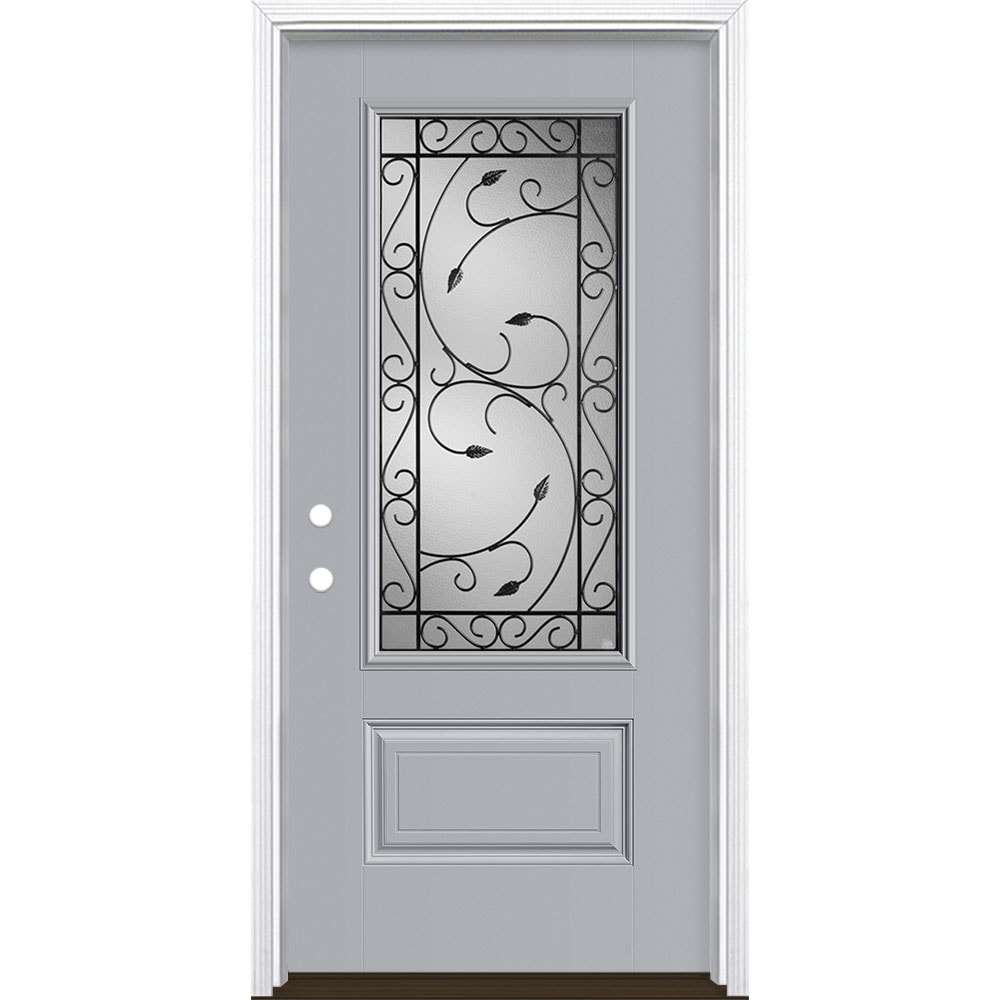 Masonite 3422486 Pergola 36-in x 80-in x 4-9/16-in Fiberglass 3/4 lite Right-hand inswing Infinity Gray Painted Prehung Single door Front Door with Brickmould Insulating core Decorative glass