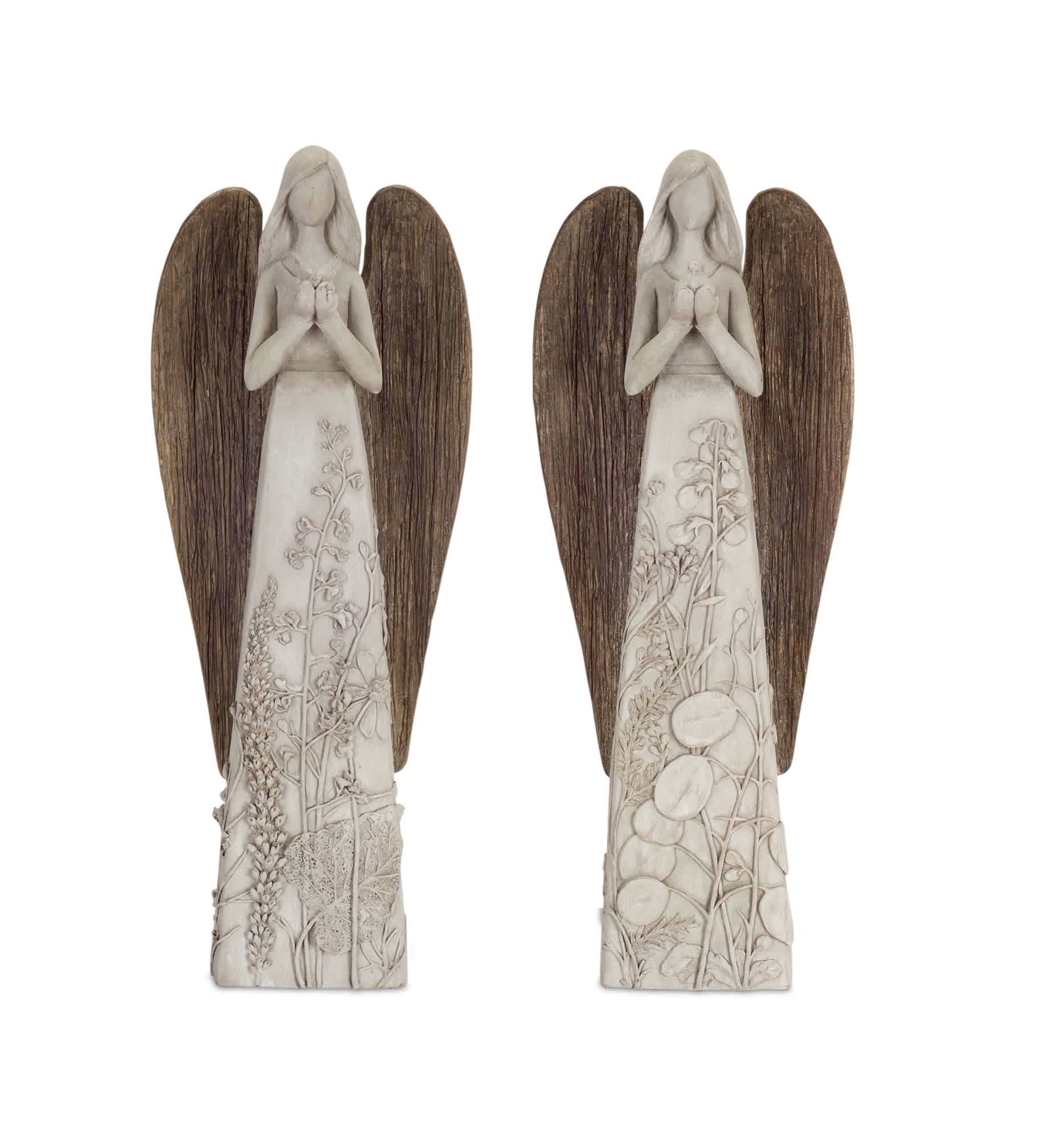 Melrose International Floral Sculpted Angel with Wood Style Wings (Set of 2)