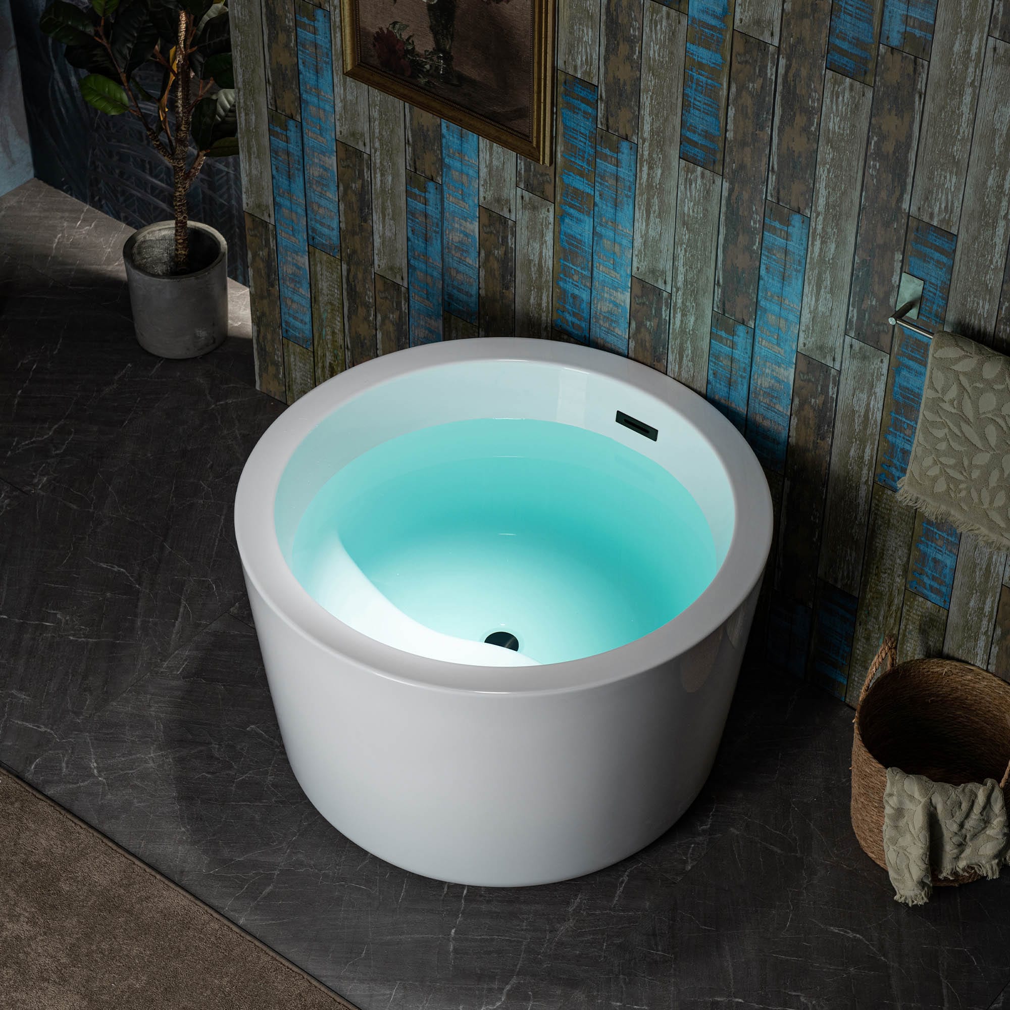 41'' Round White Acrylic Freestanding Bathtub with Matte Black Drain