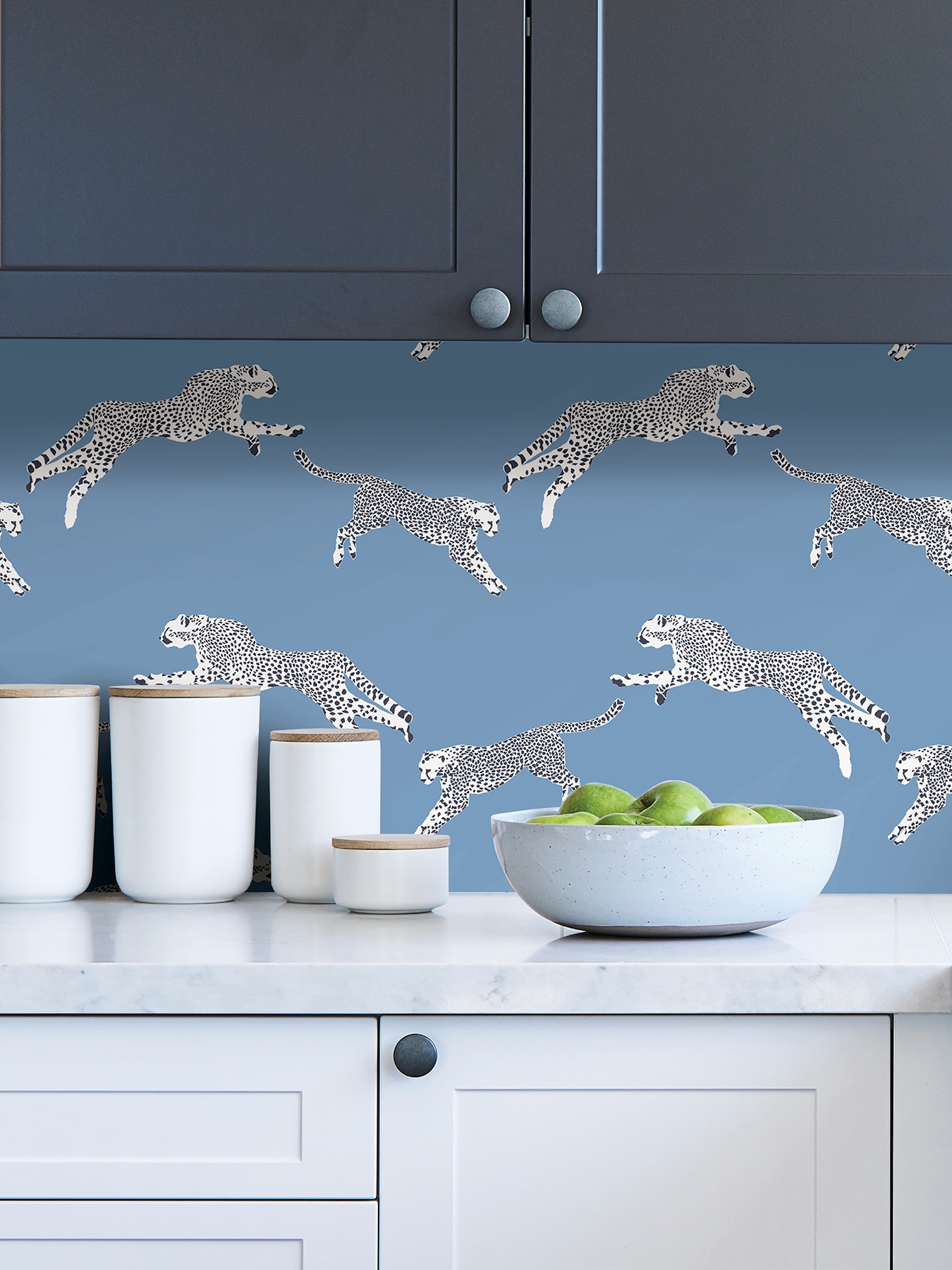 Sky Blue Vinyl Peel and Stick Wallpaper with Leaping Cheetah Design