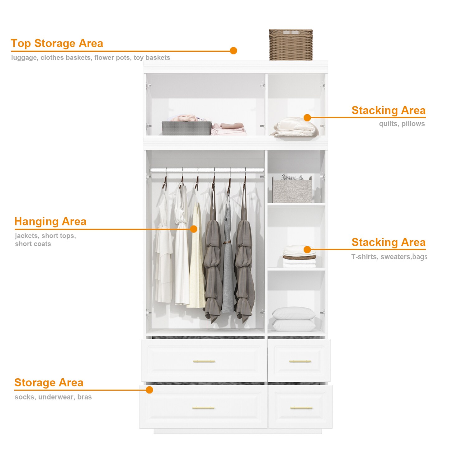 Metal Closet Contemporary with Finish, Spaces Wardrobe Armoires Rails Slide Multiple and Drawers 3-Door 4 FUFU&GAGA at in - Storage White department the