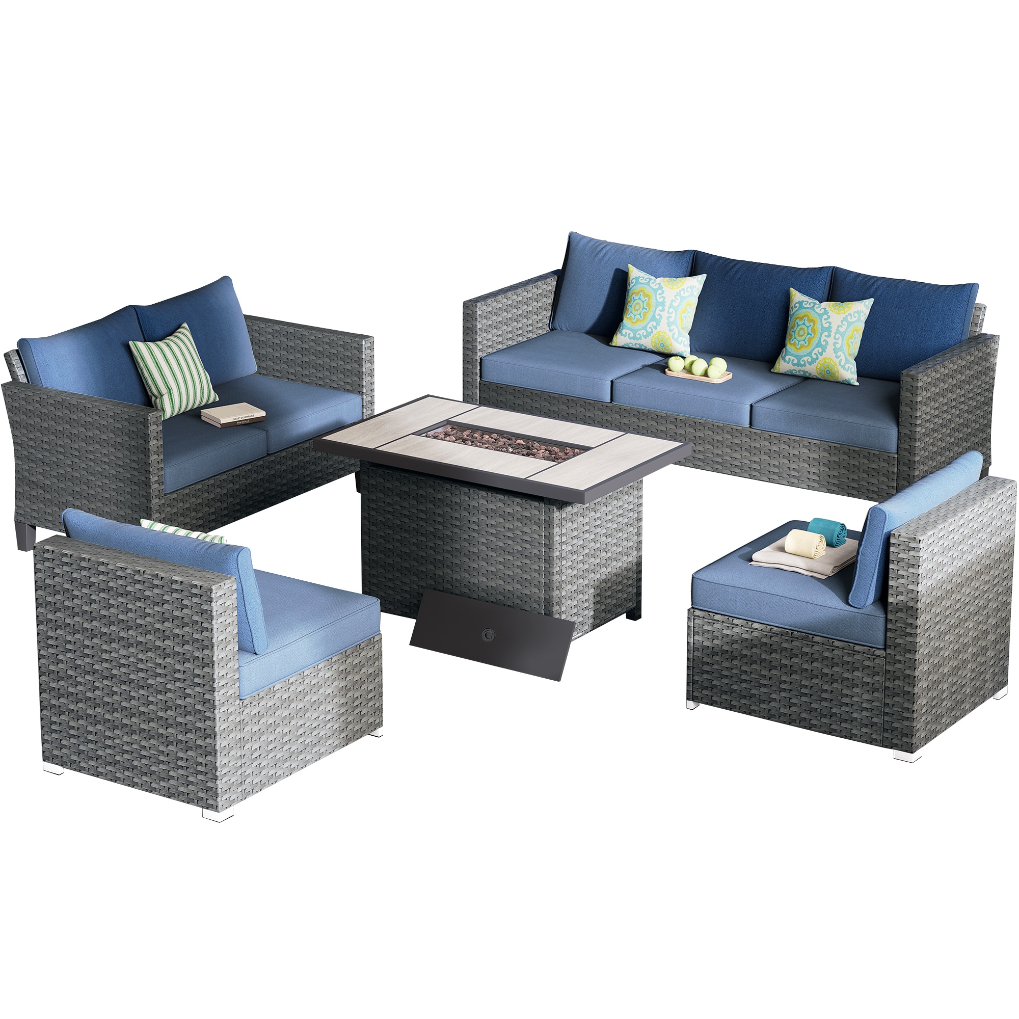 XIZZI XITBS7010C4-VNCI53FP Agate 10 -Piece Rattan Patio Sofa Conversation Set with Navy Cushions