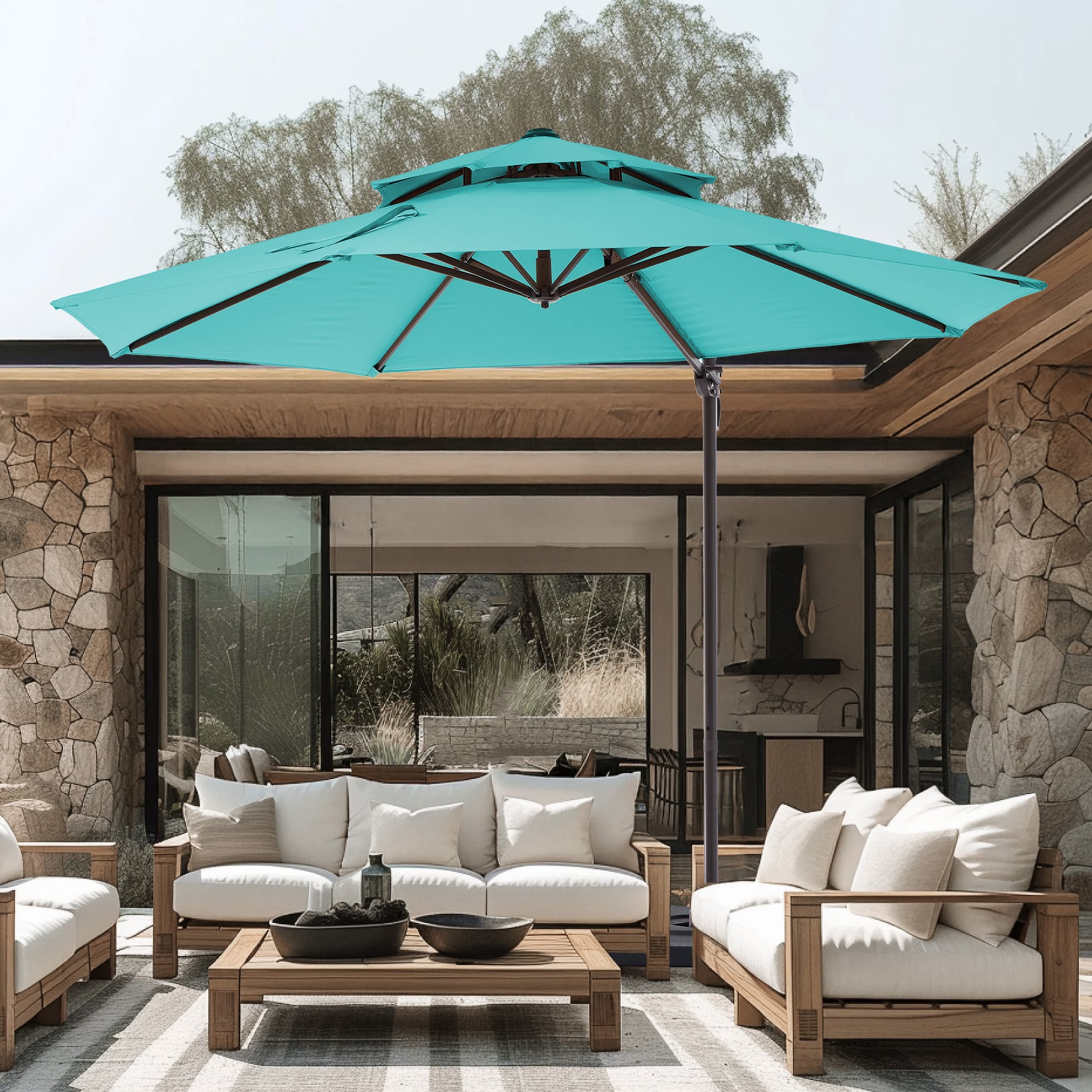 VOUA LWS-11X11-LK-BE+BASE 13-Feet Aluminum Blue Crank Cantilever Patio Umbrella with Base