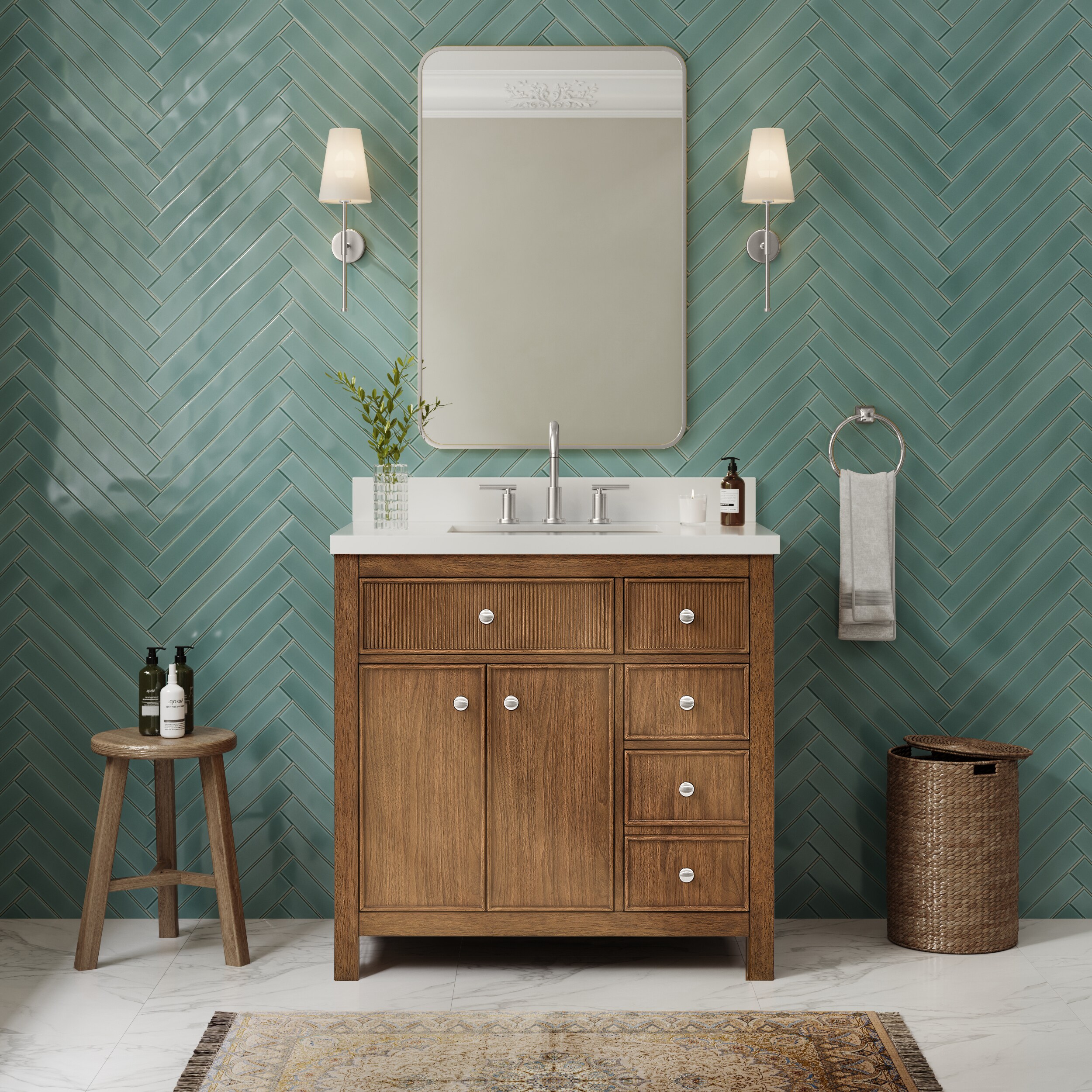 Wyndham Collection Rian 36 Inch Single Bathroom Vanity in Toasted Walnut, White Quartz Countertop, Undermount Square Sink (3-Hole), Brushed Nickel Trim