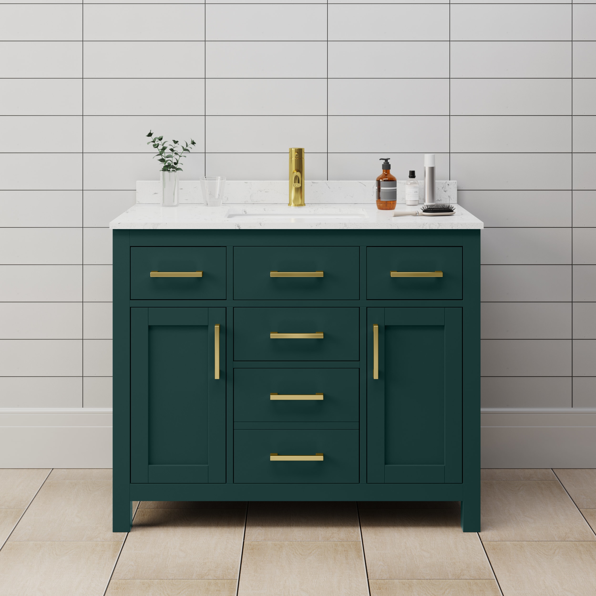 Wyndham Collection WCG242442SGDCCUNSMXX Beckett 42-in Green with Brushed Gold Trim Undermount Single Sink Bathroom Vanity with Carrara Cultured Marble Cultured Marble Top