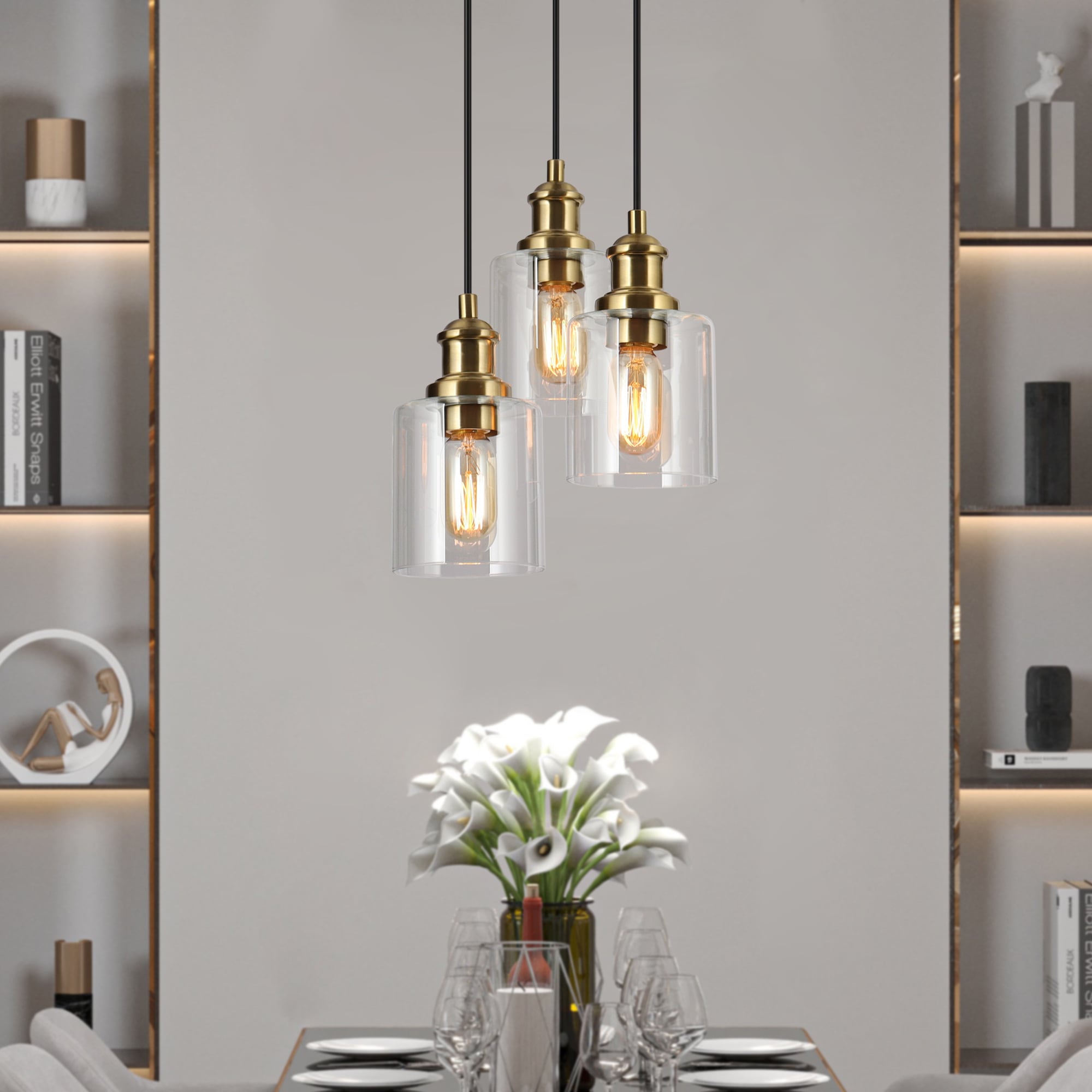 ZEVNI L3RUAM7RW4570S77 Beecher 3 -Light Polished Brass Mid-century For Use in Bedrooms, Dining Rooms, Foyers, Kitchens, Living Rooms Chandelier
