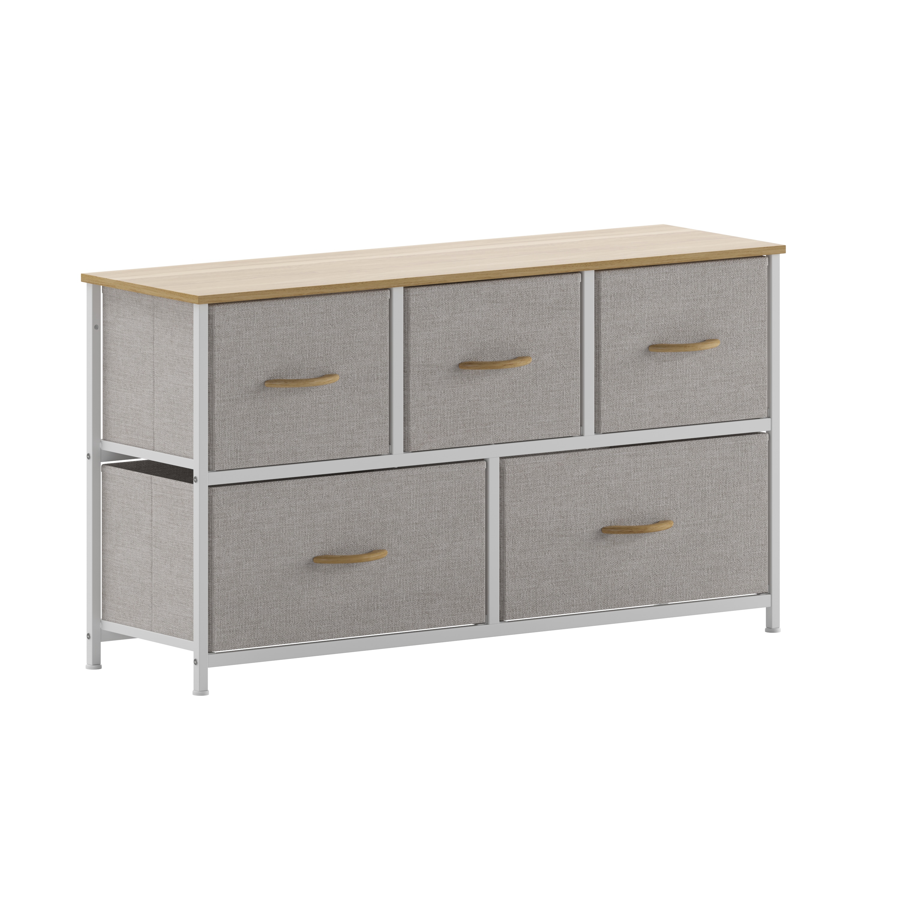 Flash Furniture 196861123832 Harris 5 Drawer Vertical Storage Dresser with White Cast Iron Frame; Oak Wood Top and Beige Easy Pull Fabric Drawers with Natural Wooden Handles